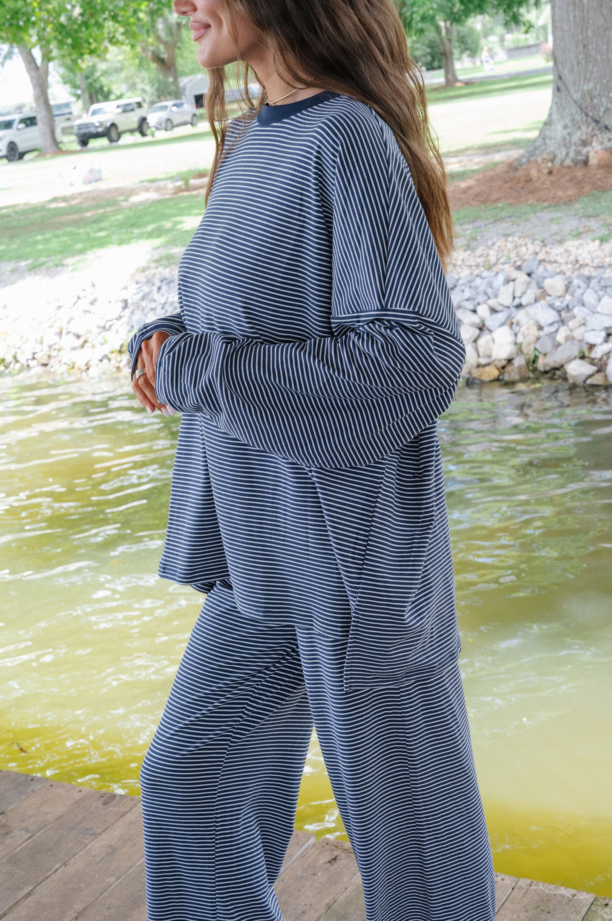 Nora Striped Fleece Oversized Top-Navy