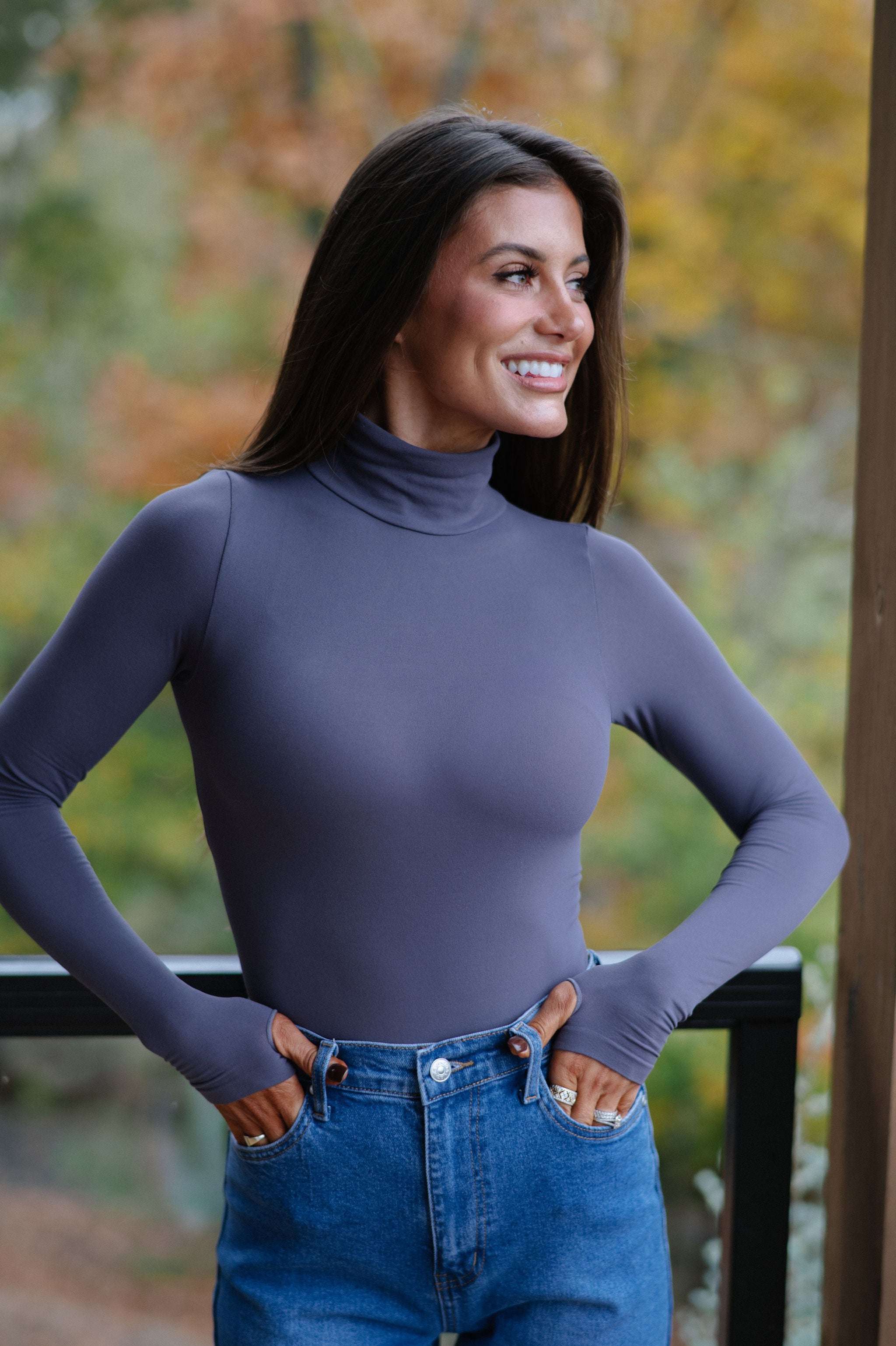 London Mock Neck Bodysuit-Asphalt Grey