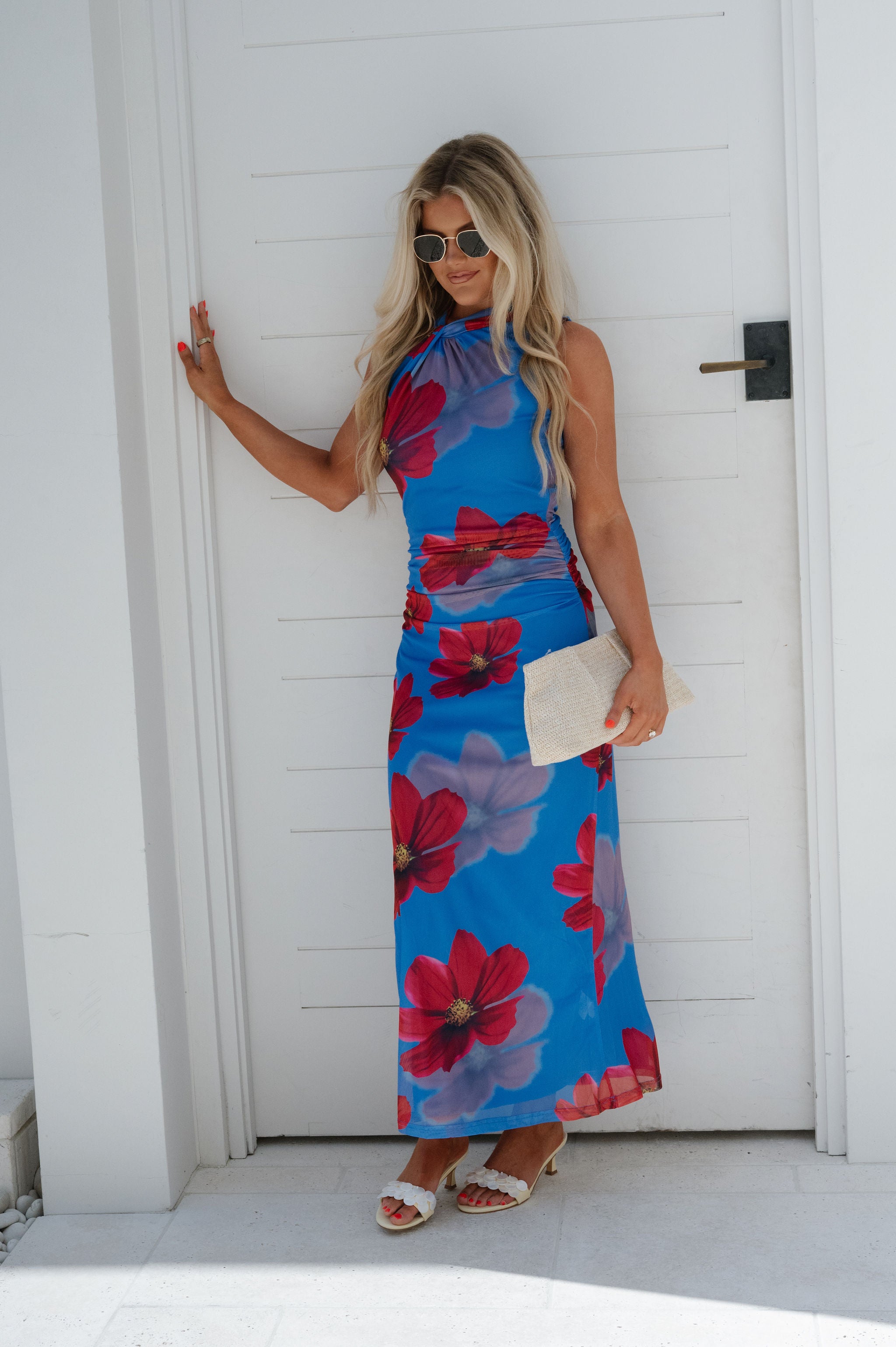 Floral High Neck Mermaid Dress-Blue
