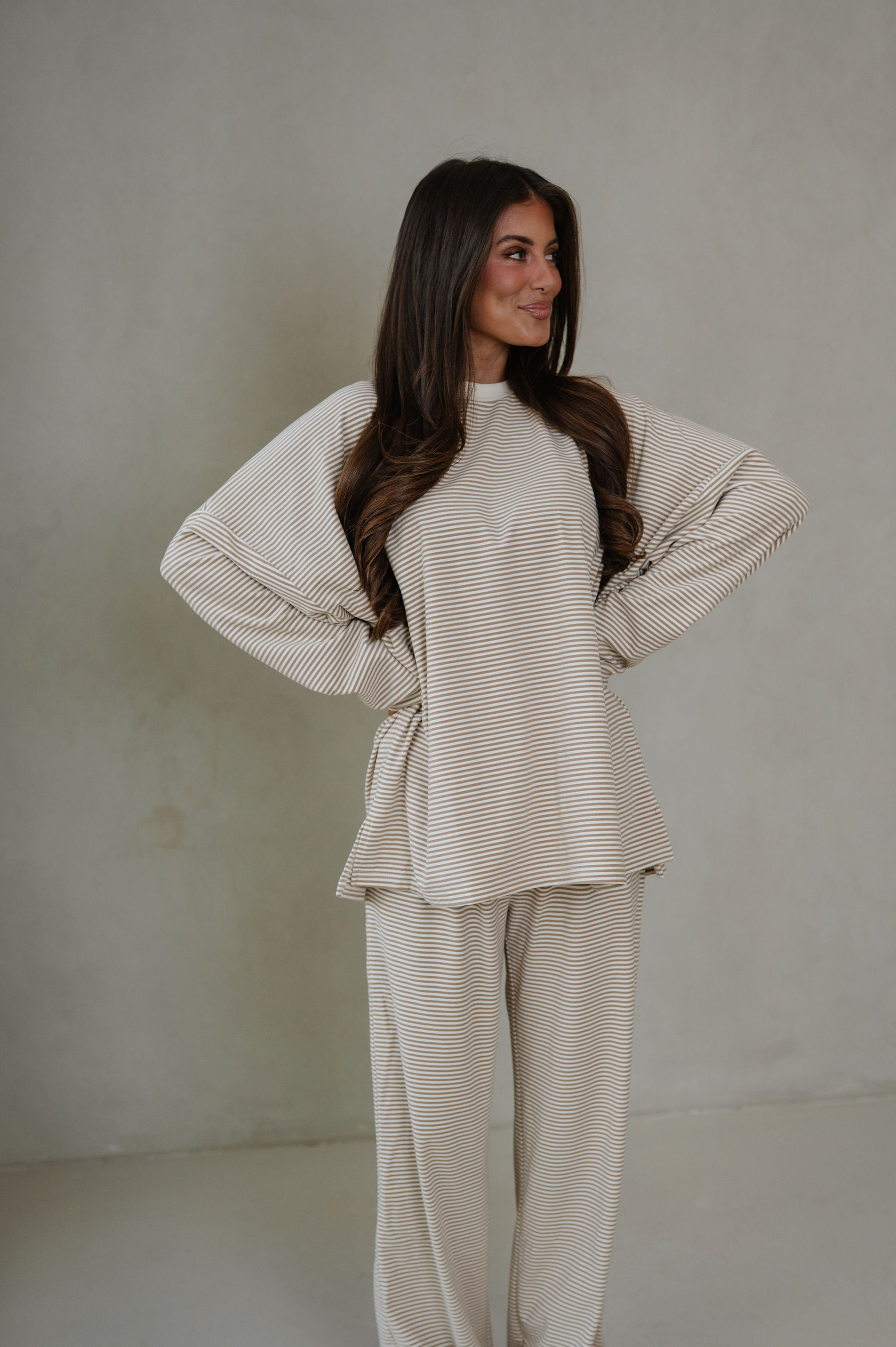 Lincoln Striped Oversized Top-Beige