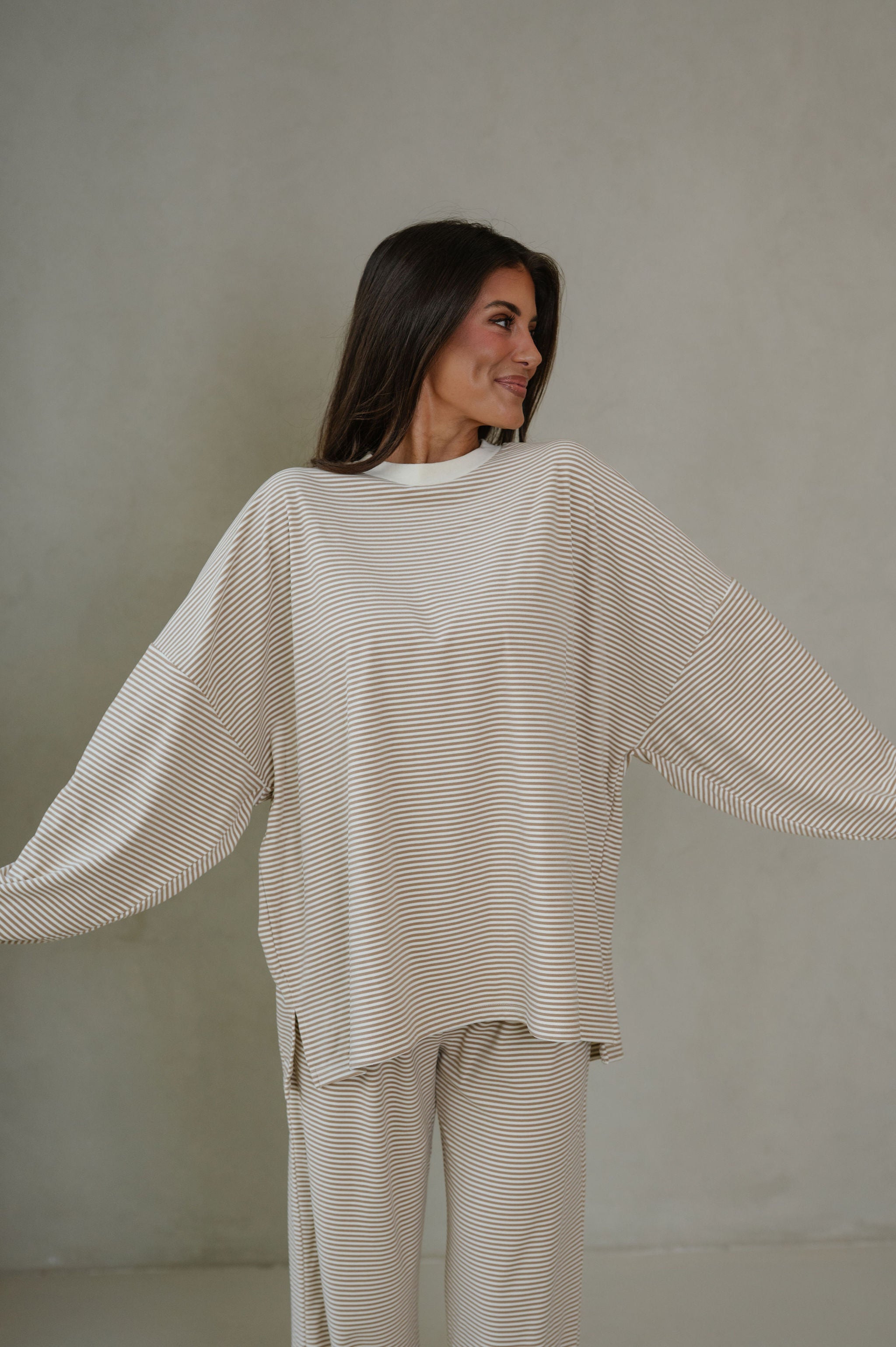 Lincoln Striped Oversized Top-Beige
