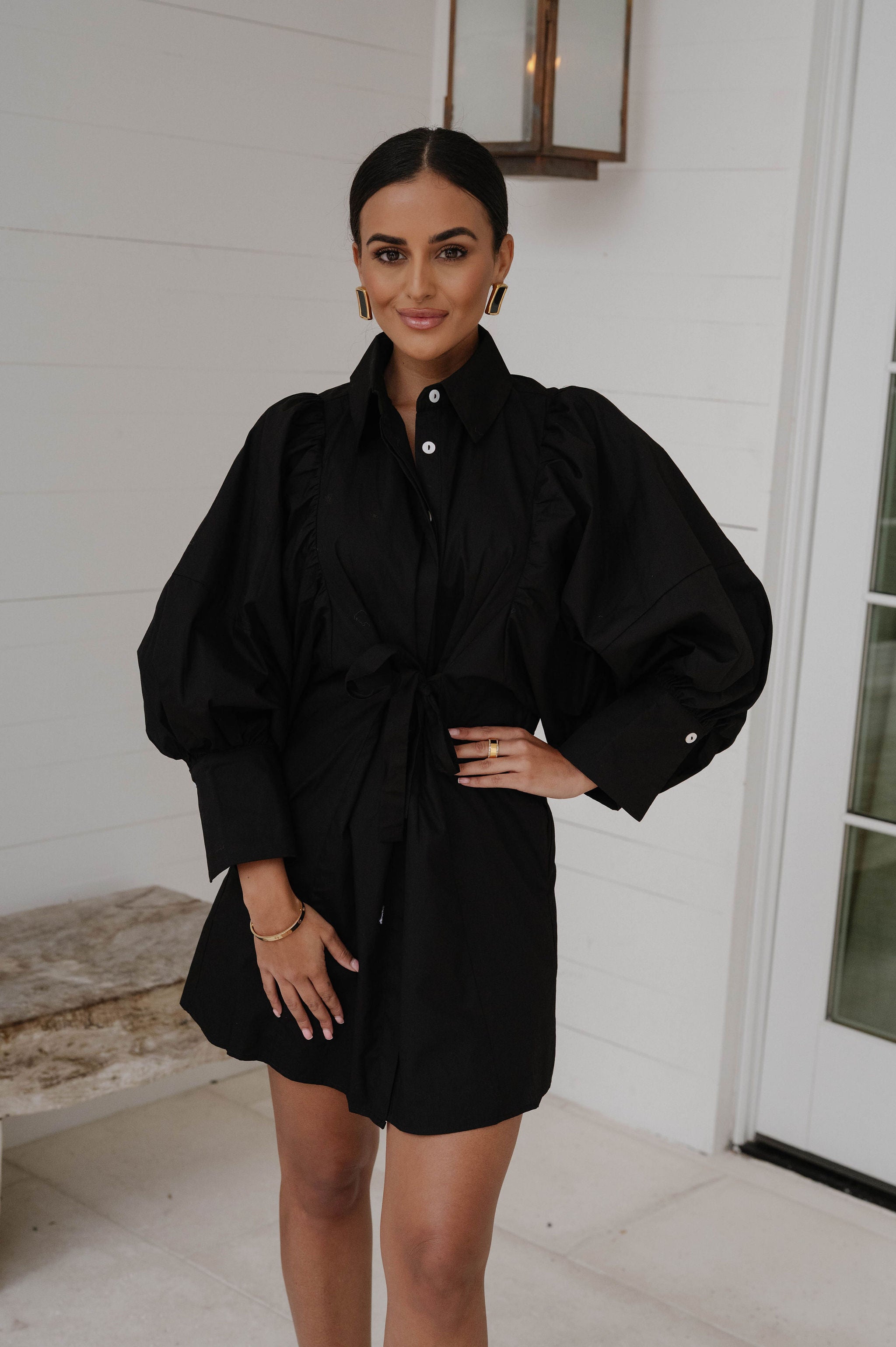 Puff Sleeve Mini Poplin Dress-Black