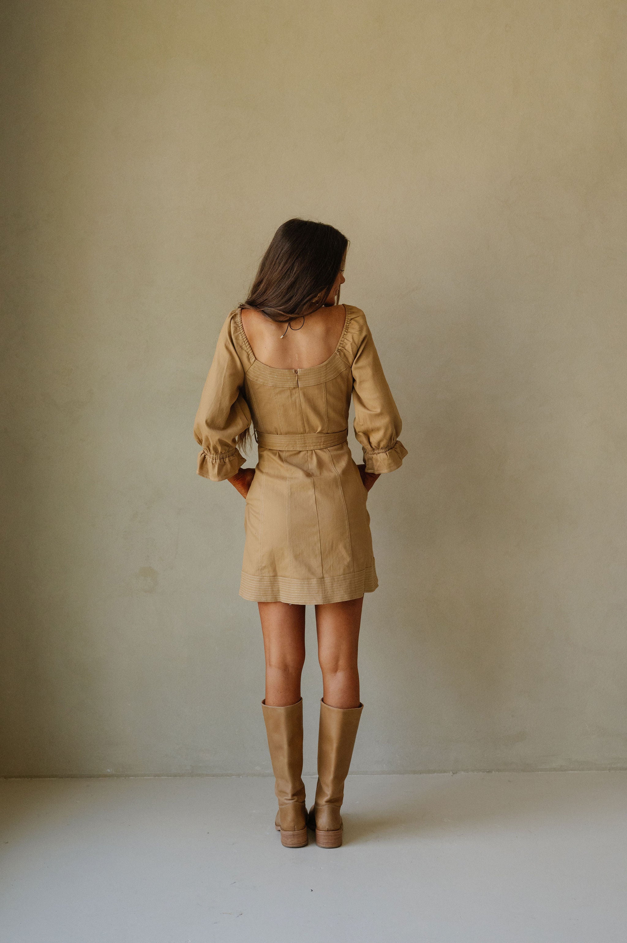 Linnie Square Neck Mini Dress-Camel