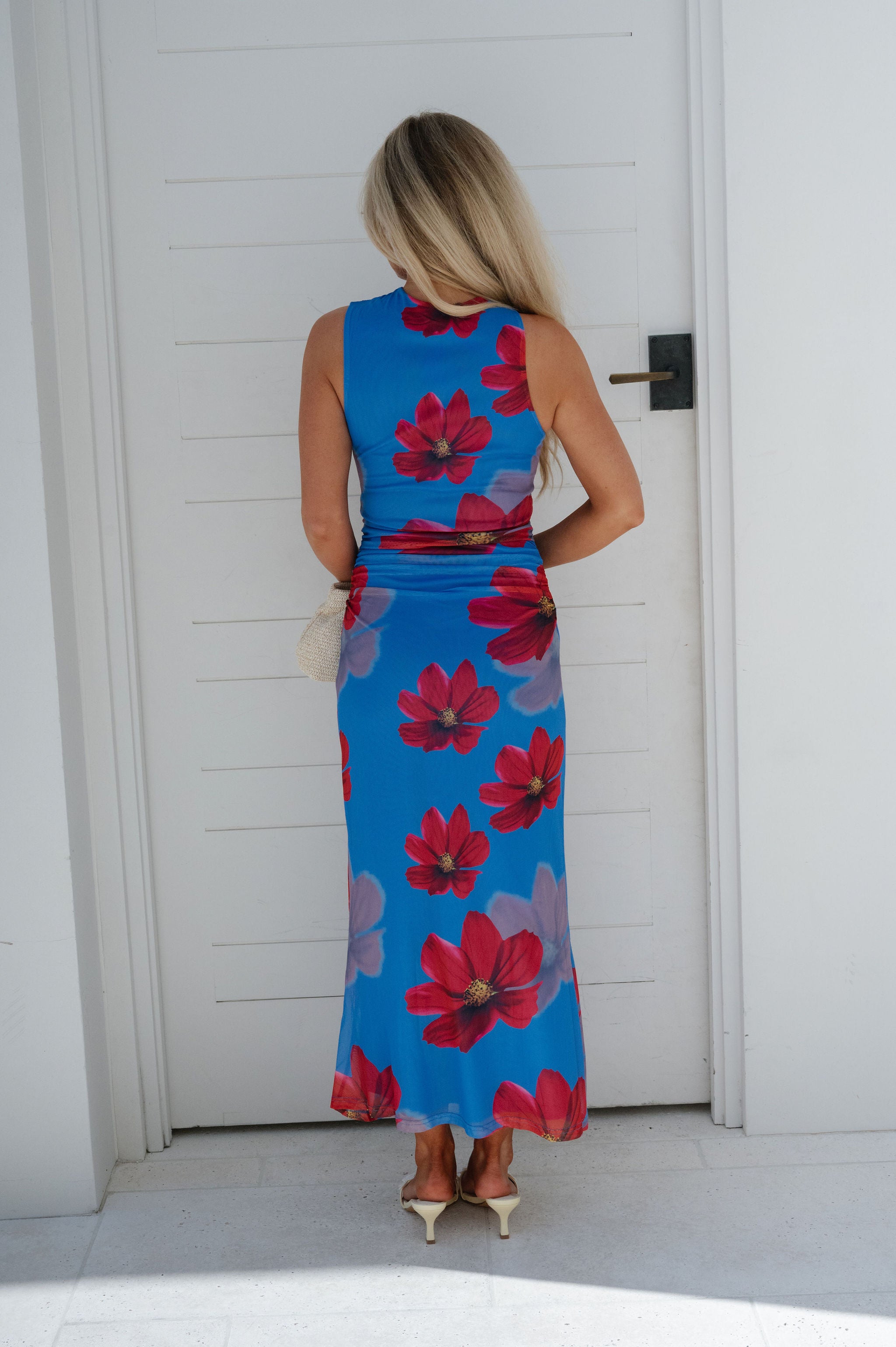 Floral High Neck Mermaid Dress-Blue