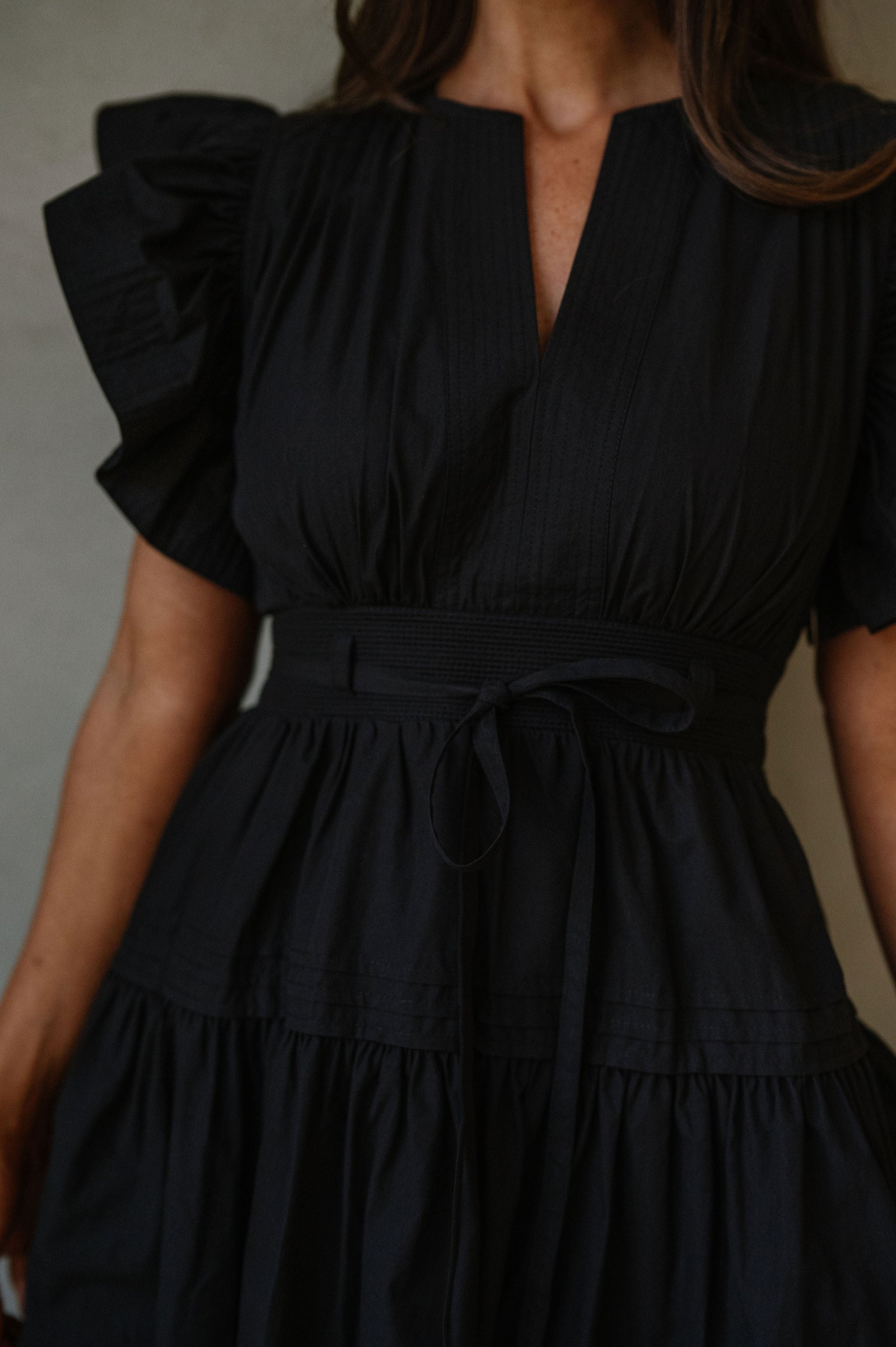 Luna Ruffle Poplin Midi Dress-Black