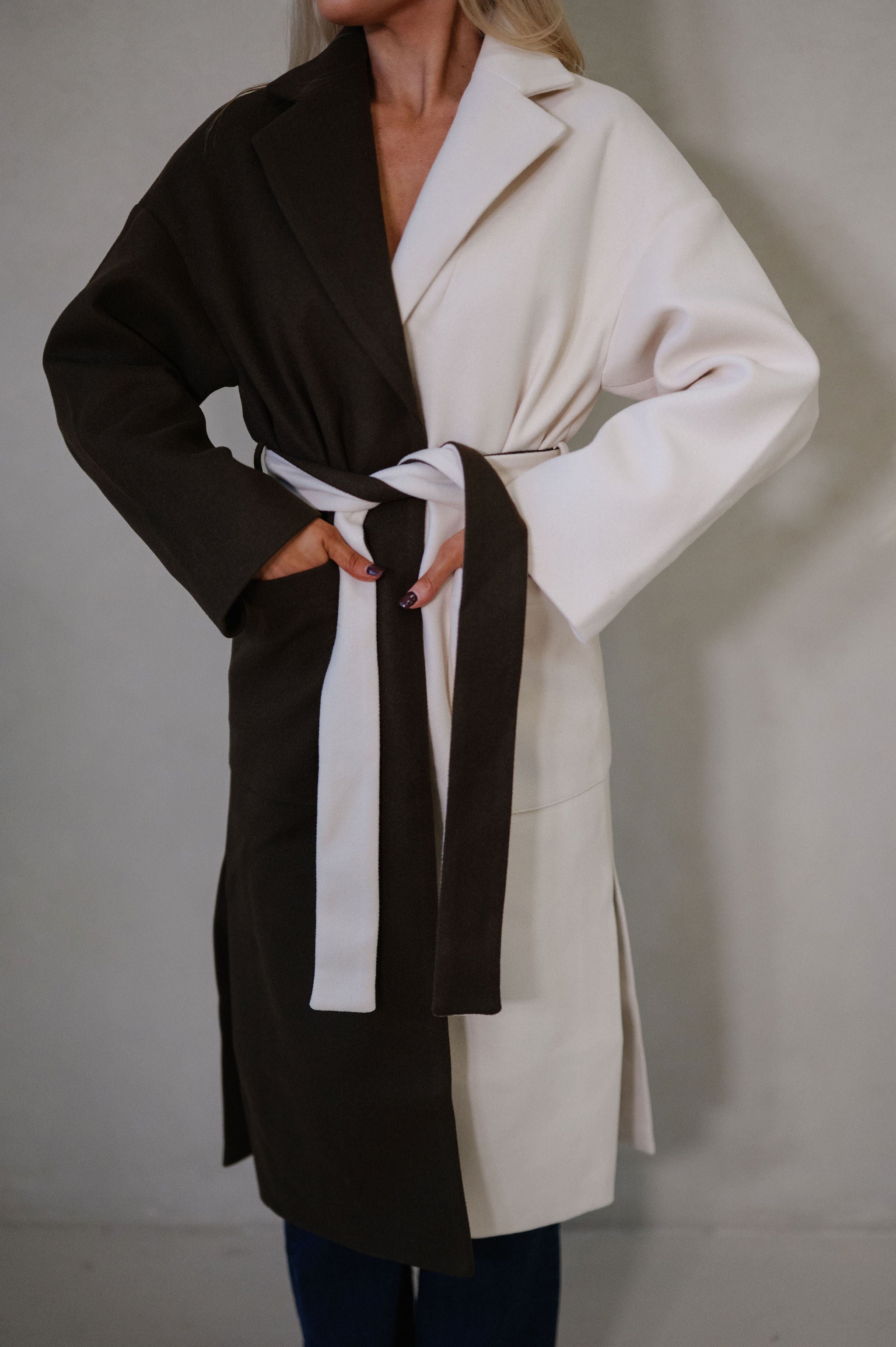Color Block Contrasted Coat-Cream/Brown