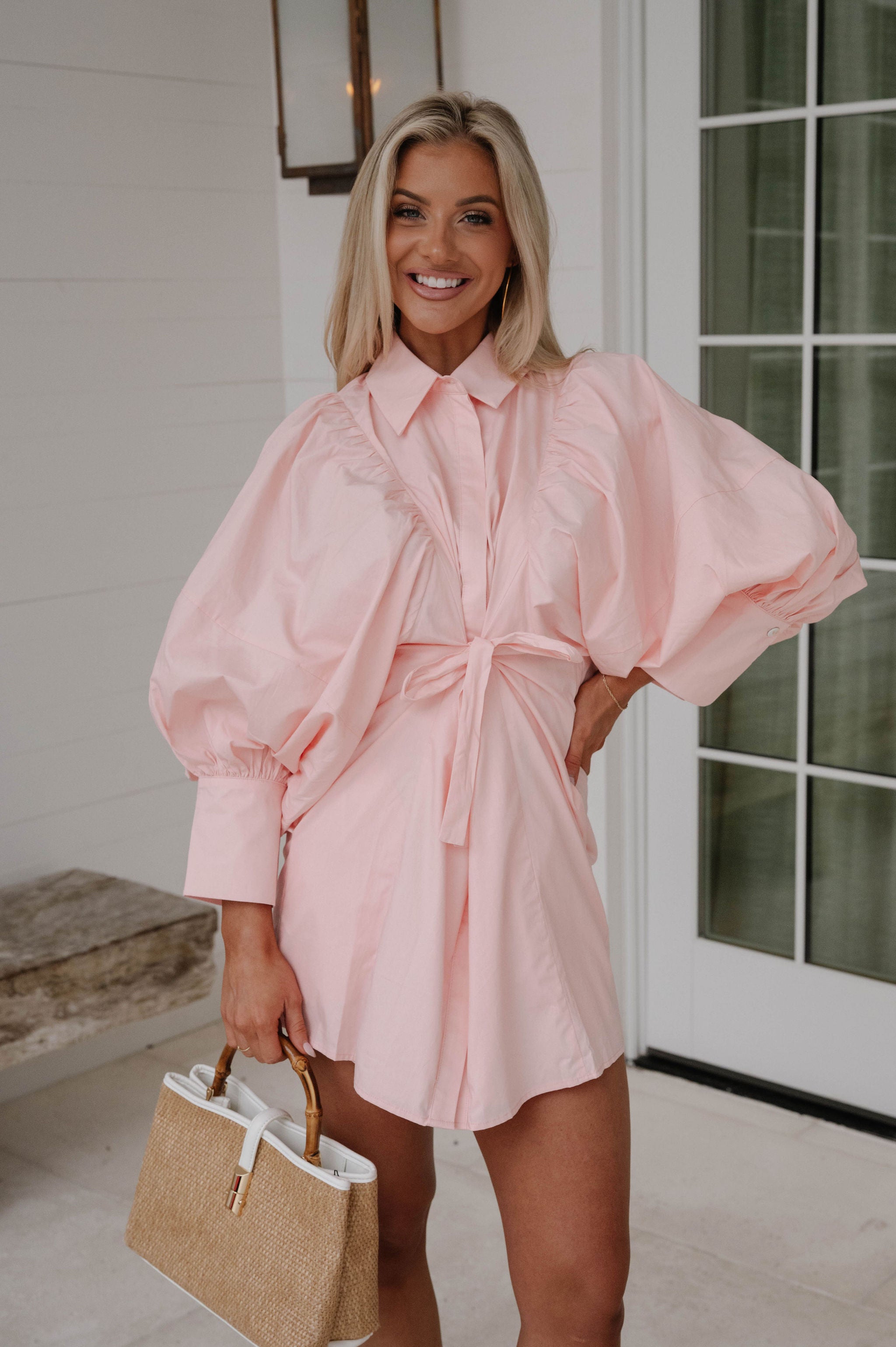 Puff Sleeve Mini Poplin Dress-Soft Pink