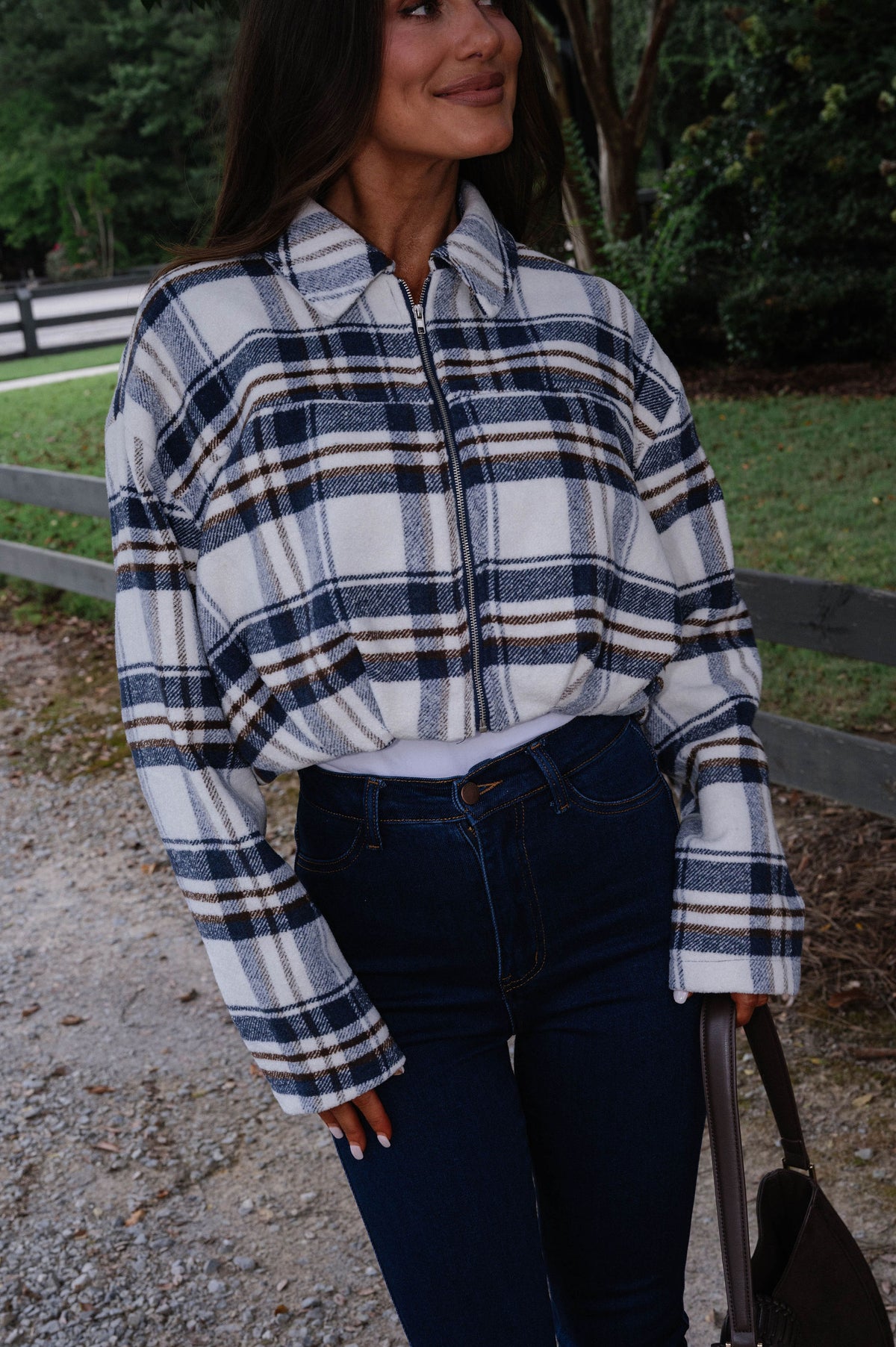 Darcy Flannel Pleated Cropped Jacket-Navy