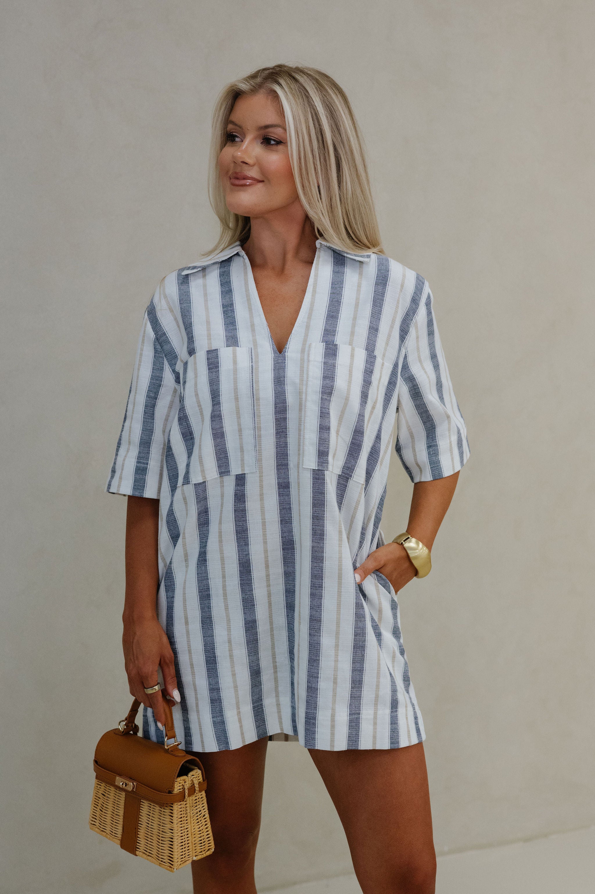 Caitlin Striped Dress-Navy/Khaki