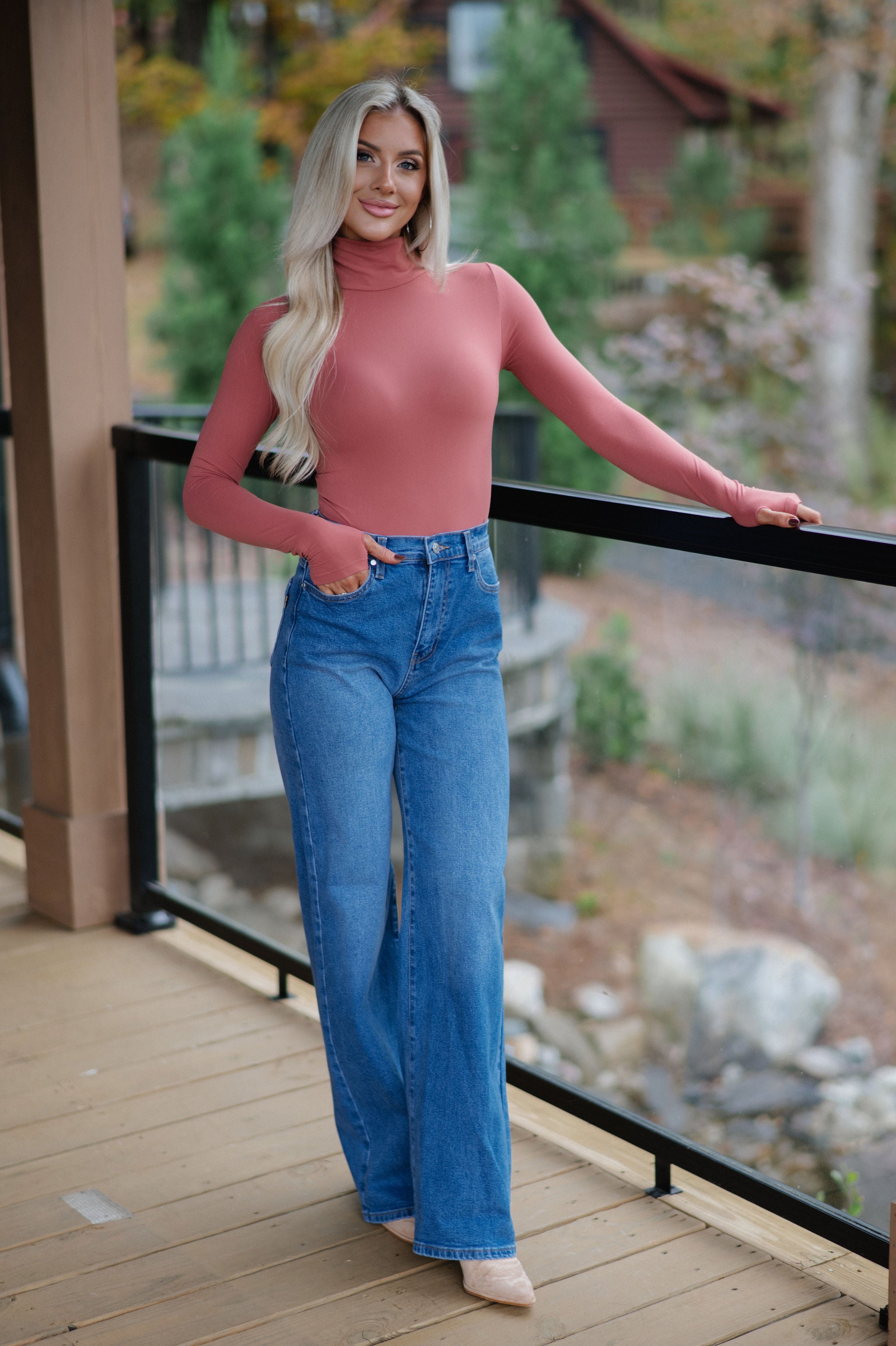 London Mock Neck Bodysuit-Rust