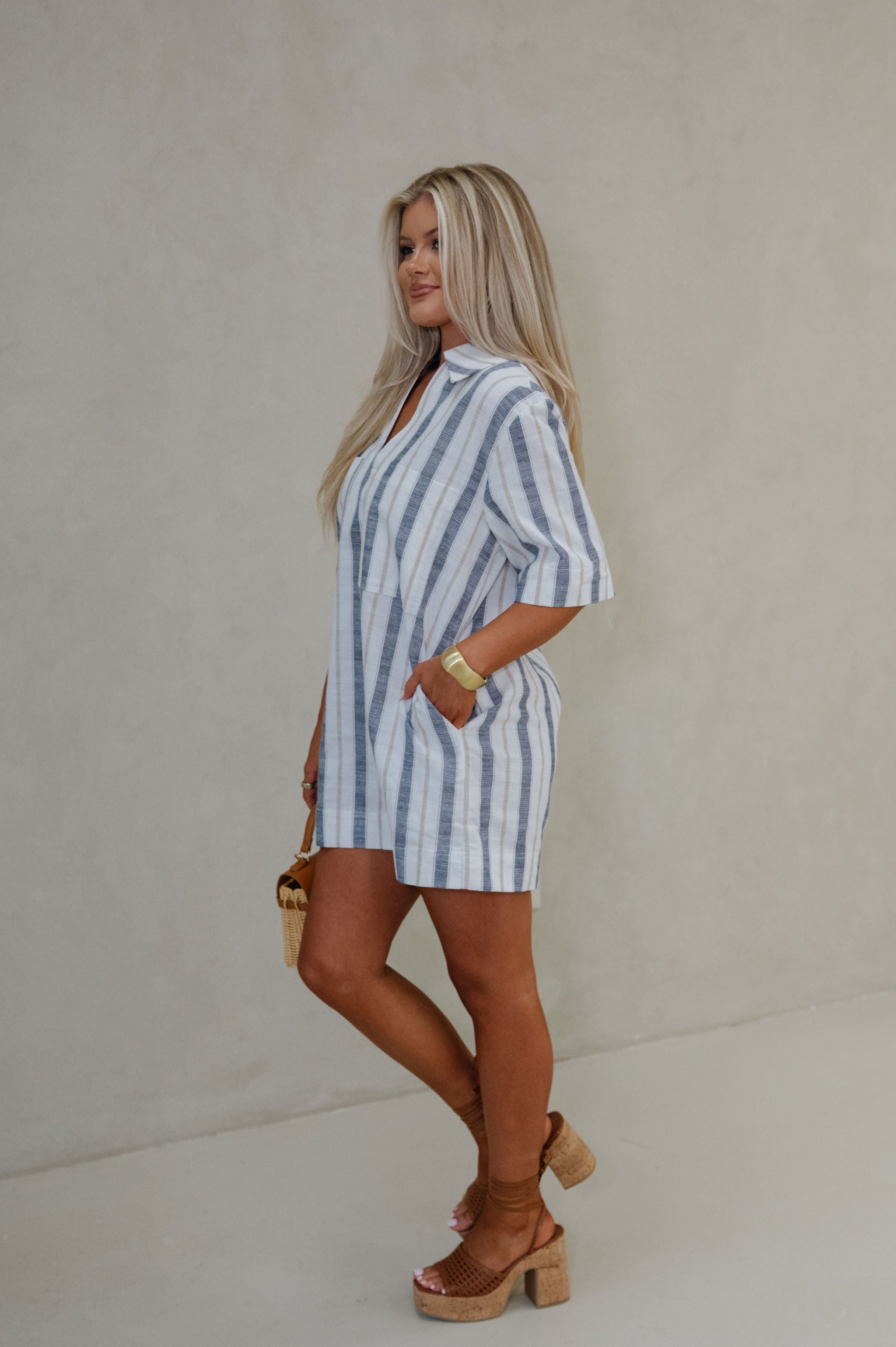 Caitlin Striped Dress-Navy/Khaki
