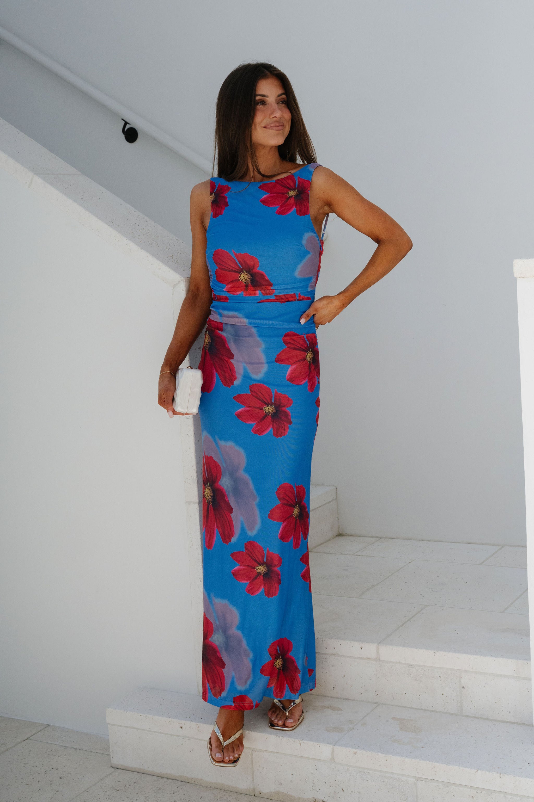 Vibrant Ruched Maxi Dress- Blue