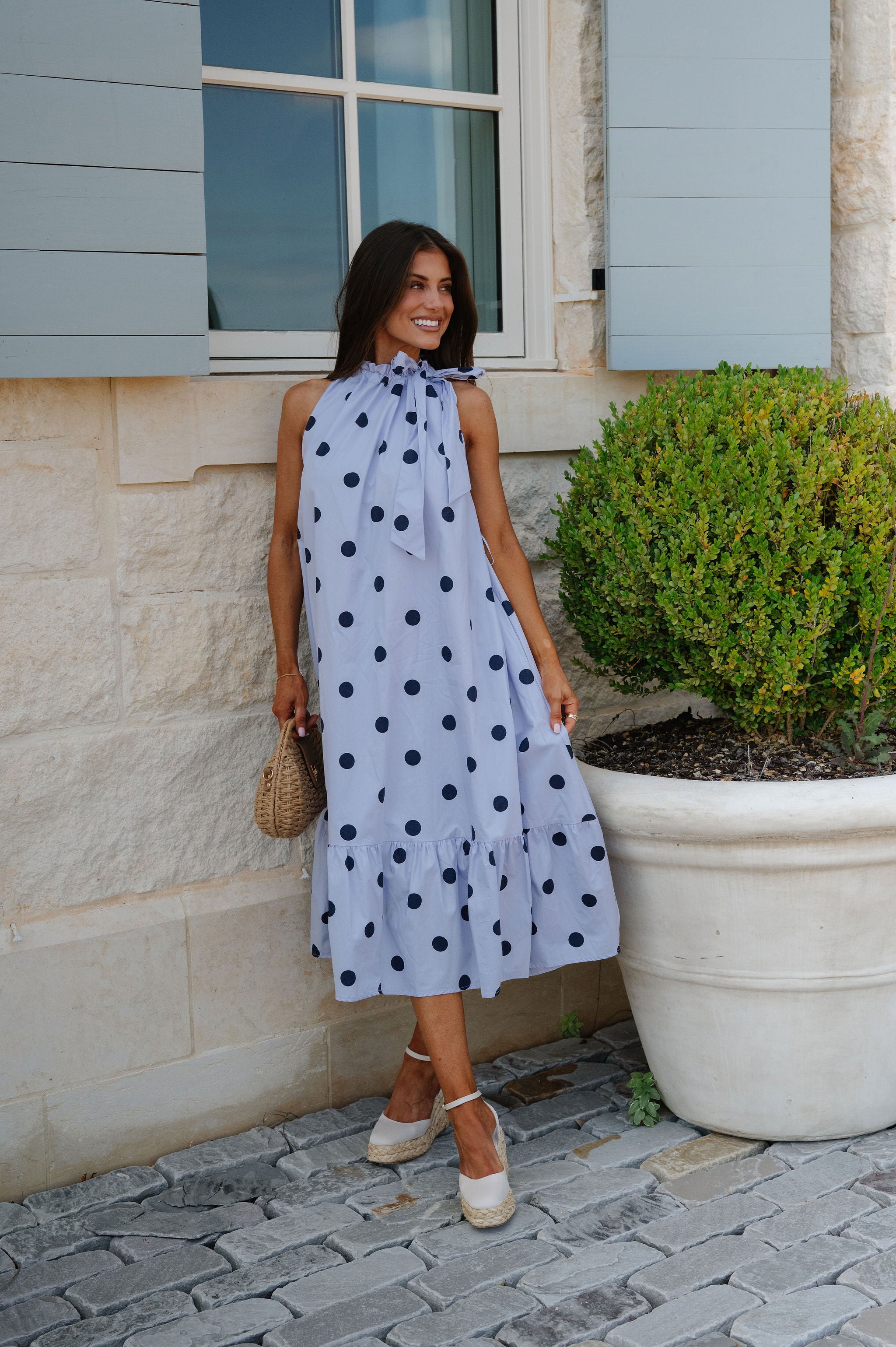 Ruffle Neck Midi Dress-Navy Polka Dot