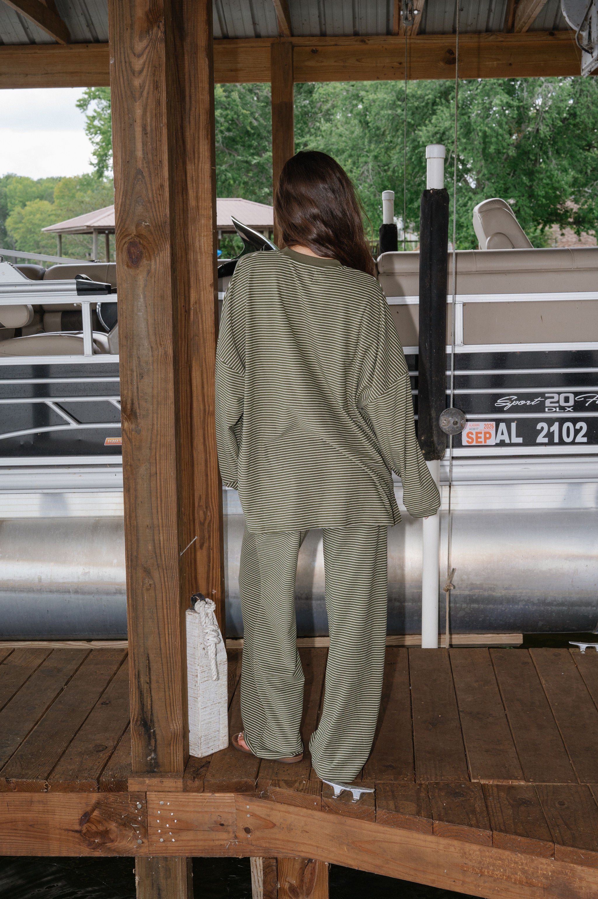 Nora Striped Fleece Oversized Top-Olive