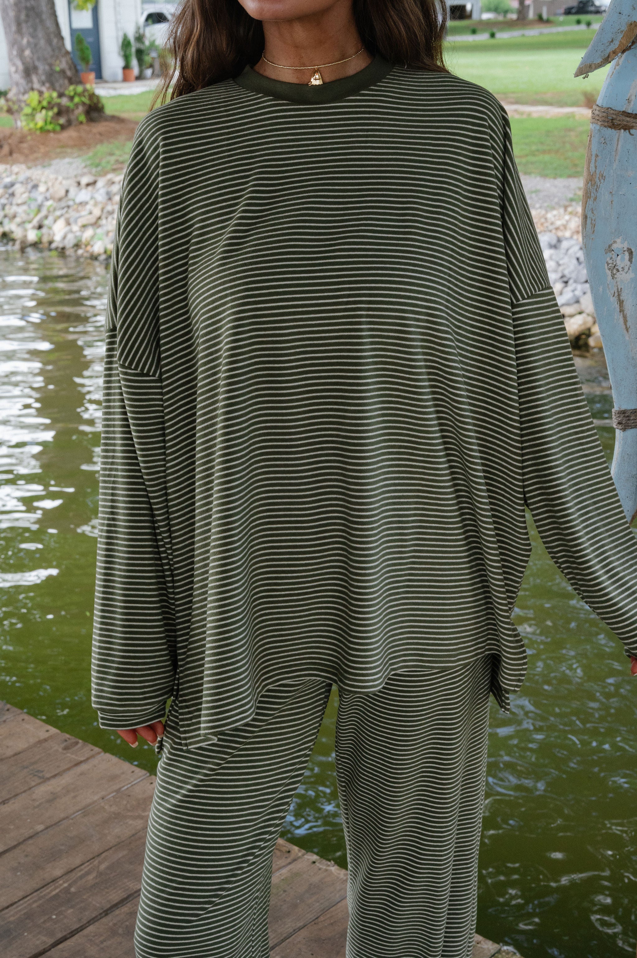 Nora Striped Fleece Oversized Top-Olive