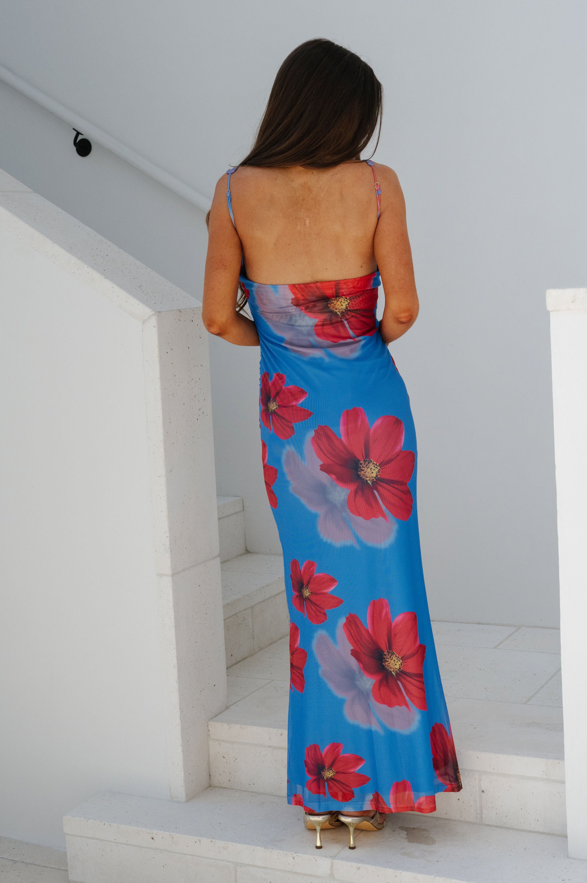 Vibrant Ruched Maxi Dress- Blue