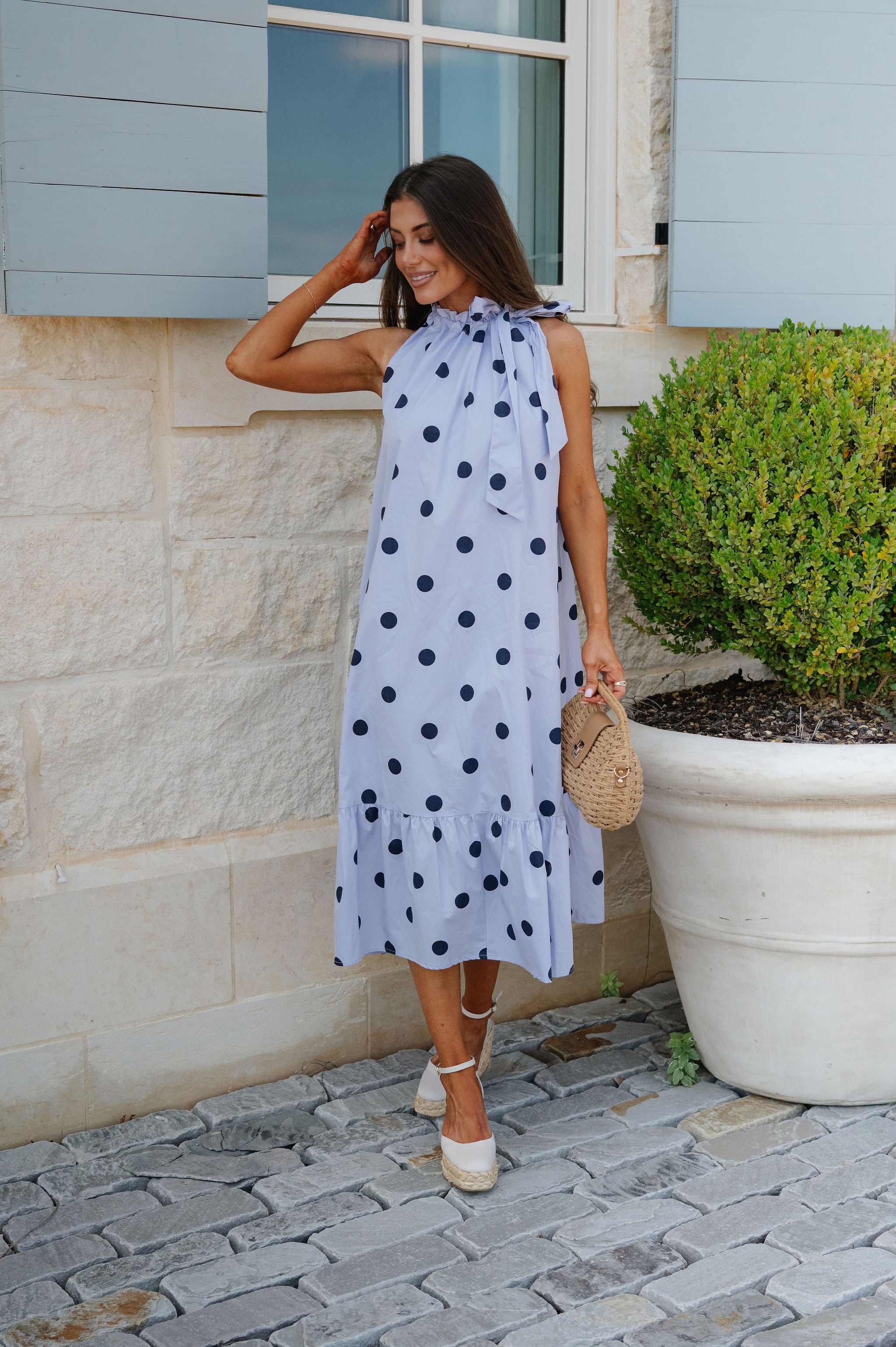 Ruffle Neck Midi Dress-Navy Polka Dot