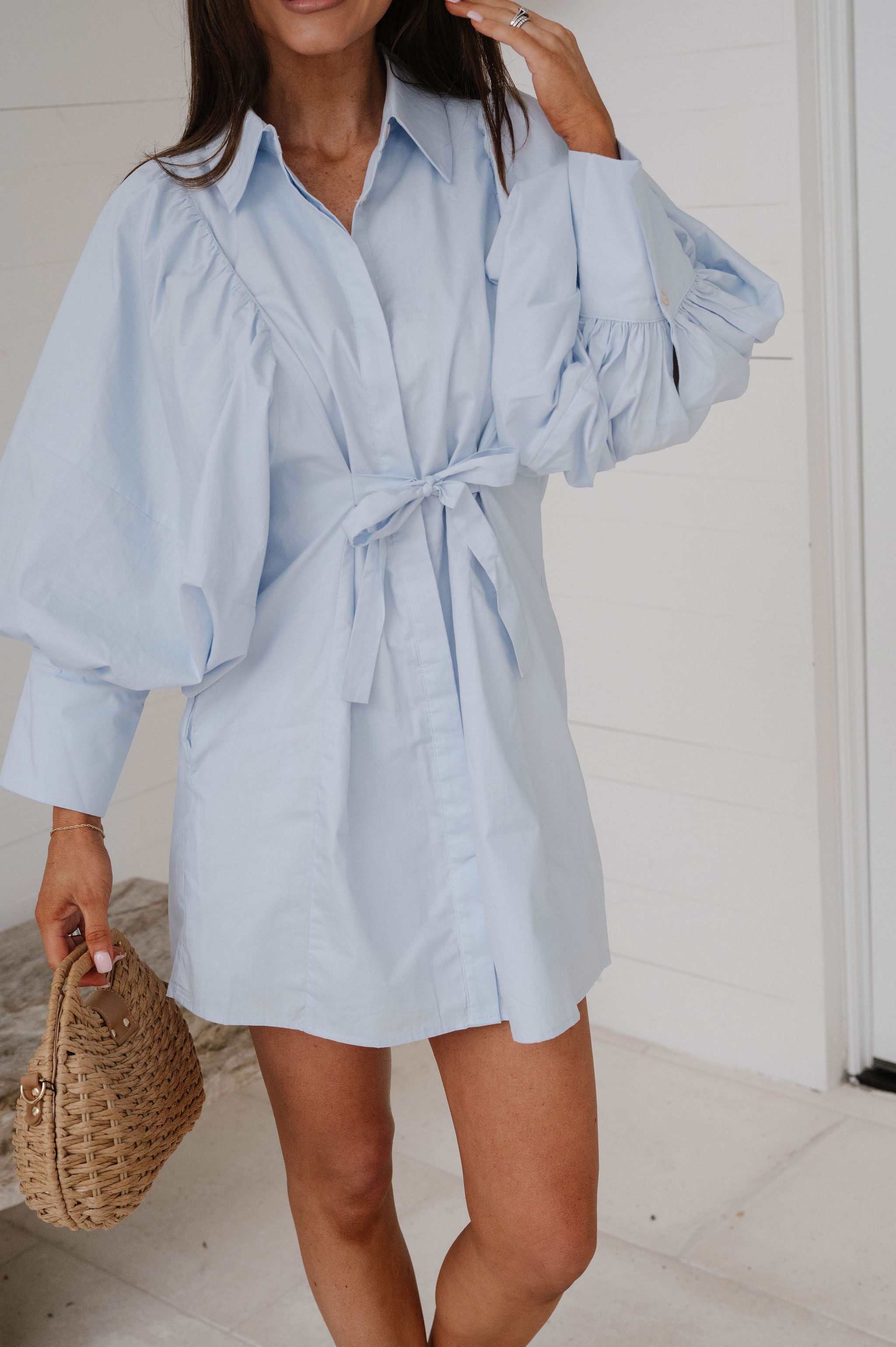 Puff Sleeve Mini Poplin Dress-Soft Blue