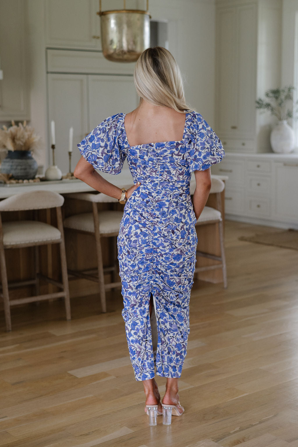 Puff Sleeve Floral Midi Dress-Blue