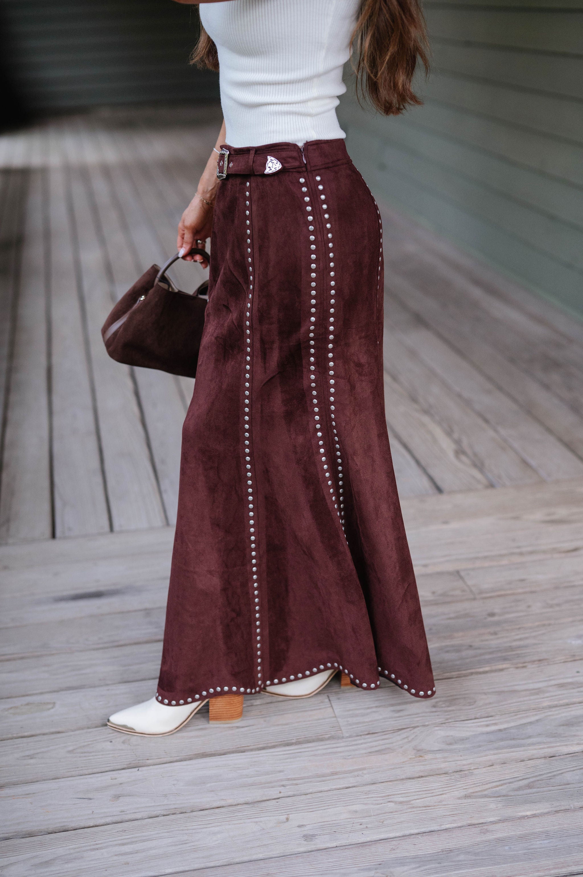 Stephanie Suede Studded Maxi Skirt-Brown