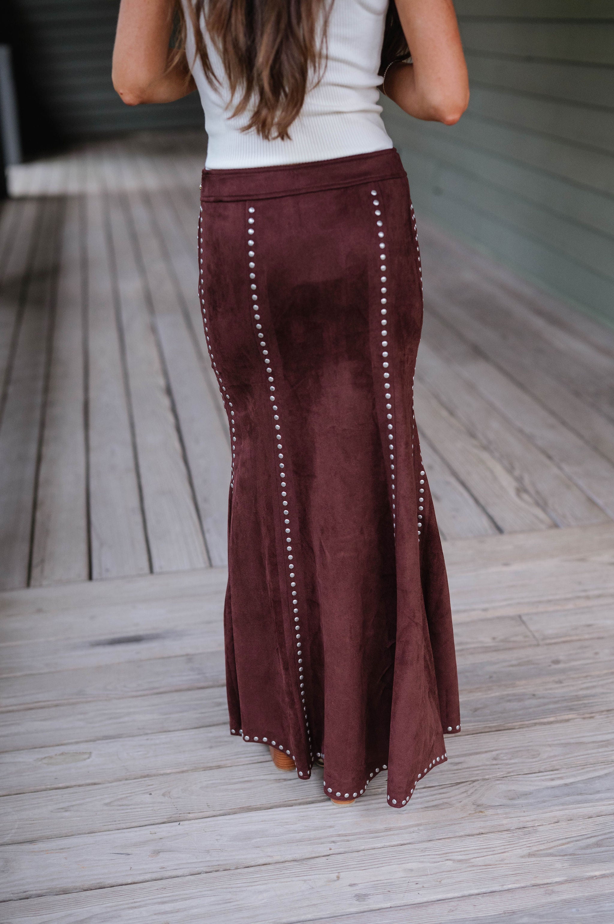 Stephanie Suede Studded Maxi Skirt-Brown