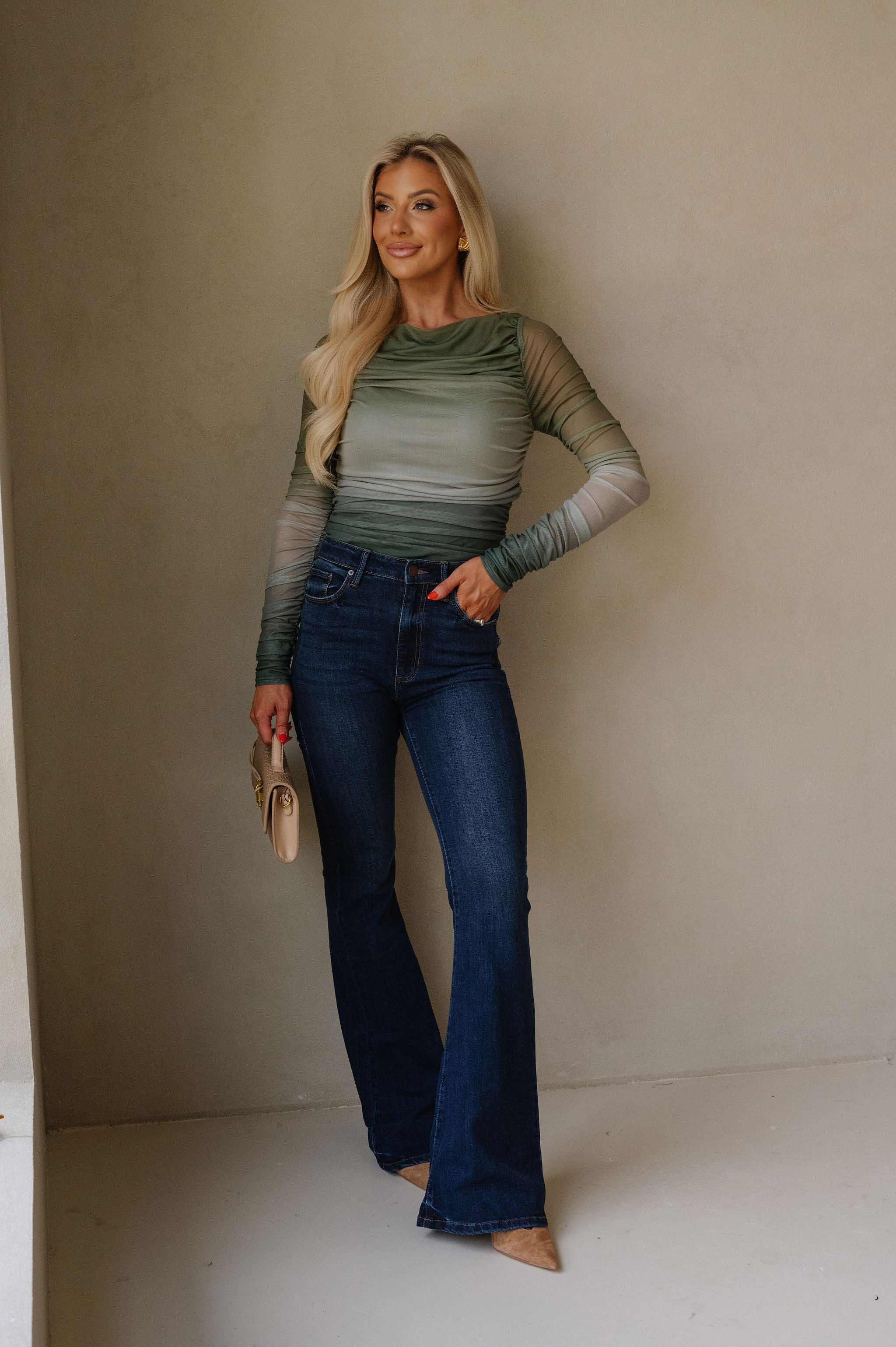 Ombre Shirring Top-Green