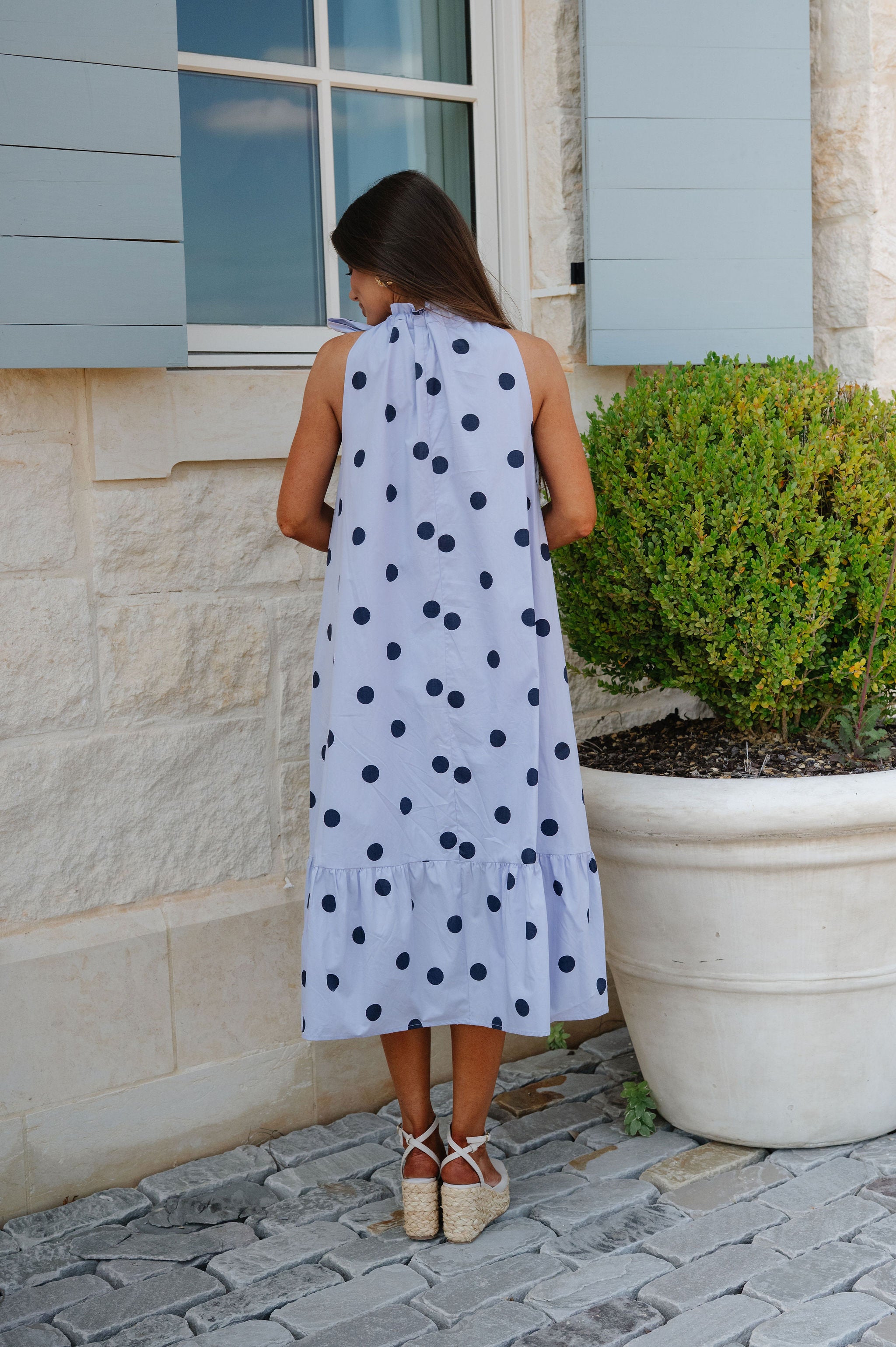 Ruffle Neck Midi Dress-Navy Polka Dot