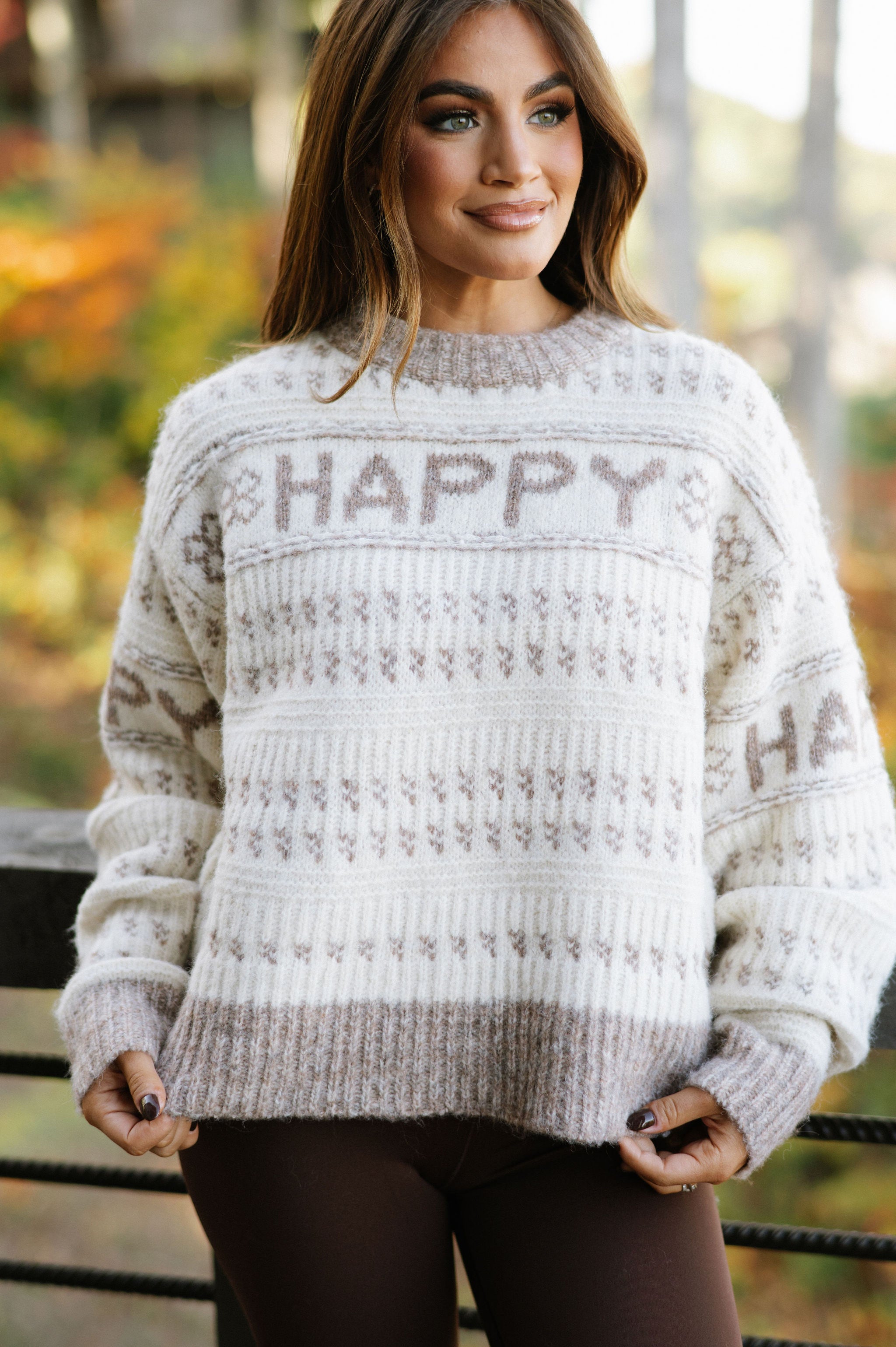 Doorbuster! Happy Crewneck Sweater- Cream/ Taupe