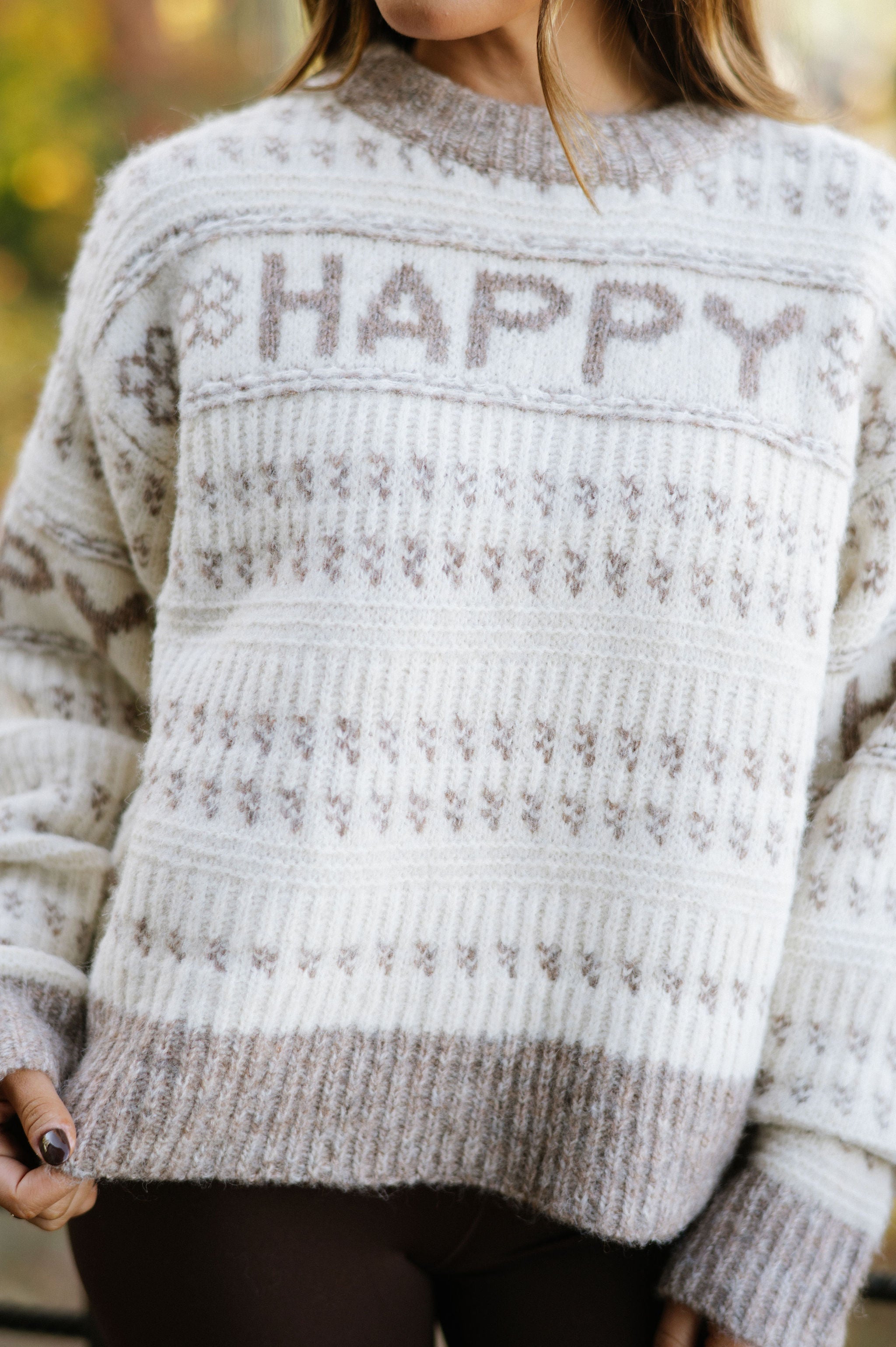 Doorbuster! Happy Crewneck Sweater- Cream/ Taupe