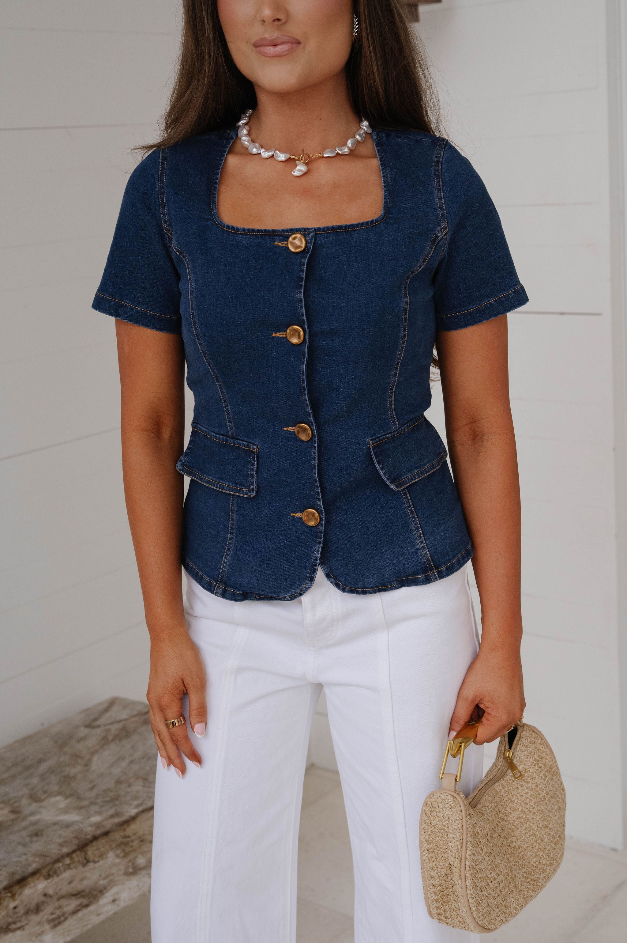 Leigh Square Neck Top-Indigo