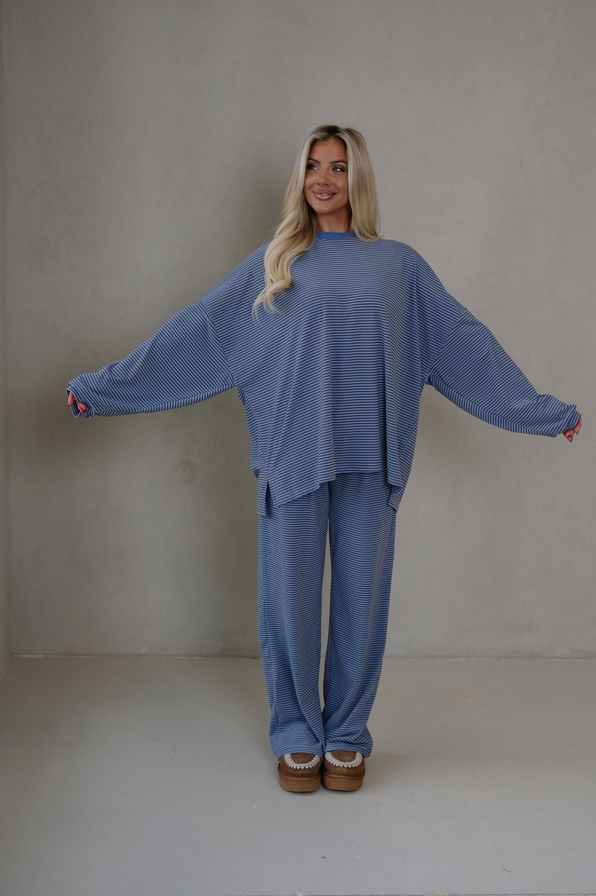 Nora Striped Fleece Oversized Top-Blue