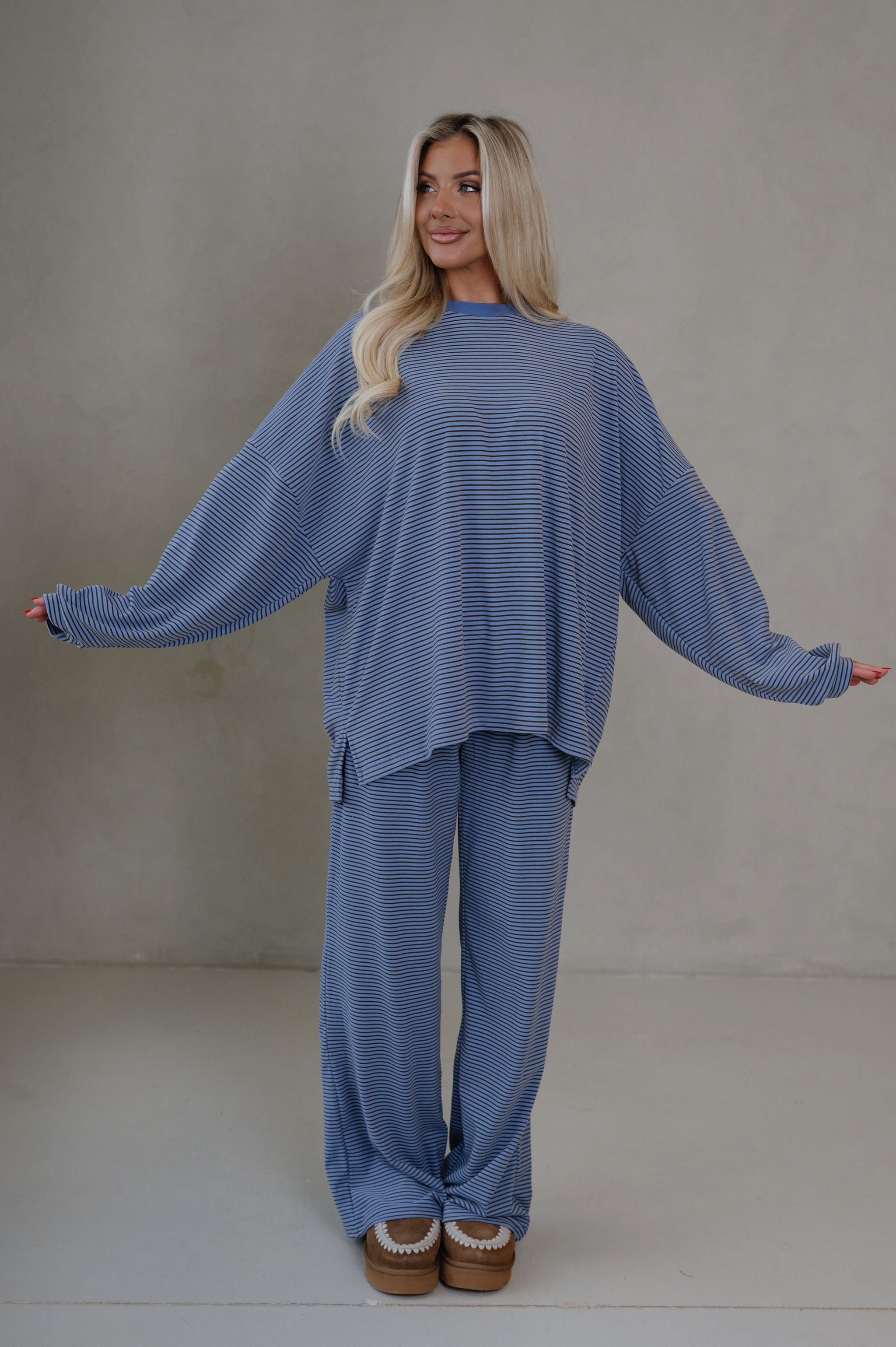 Nora Striped Fleece Oversized Top-Blue