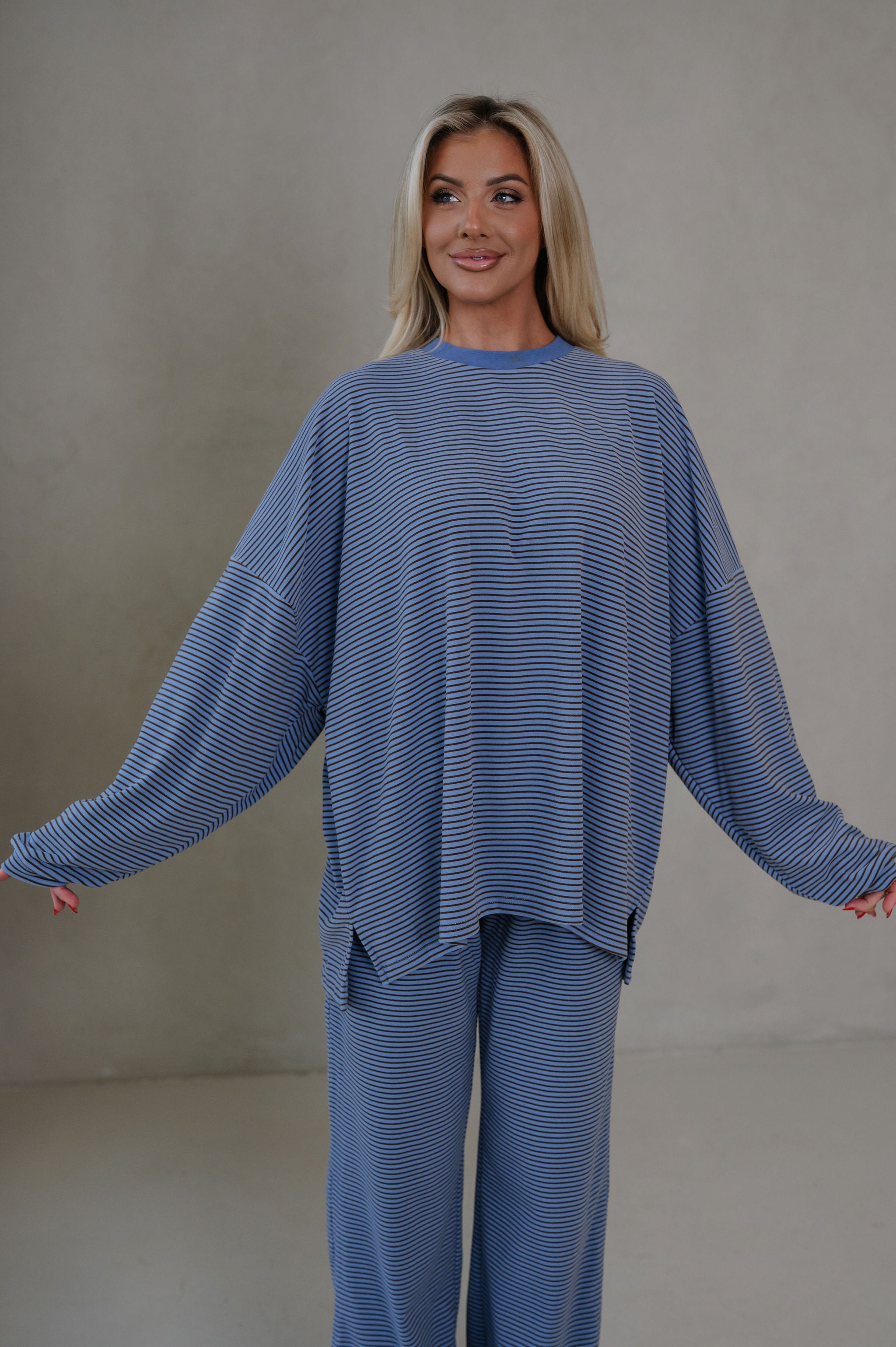 Nora Striped Fleece Oversized Top-Blue