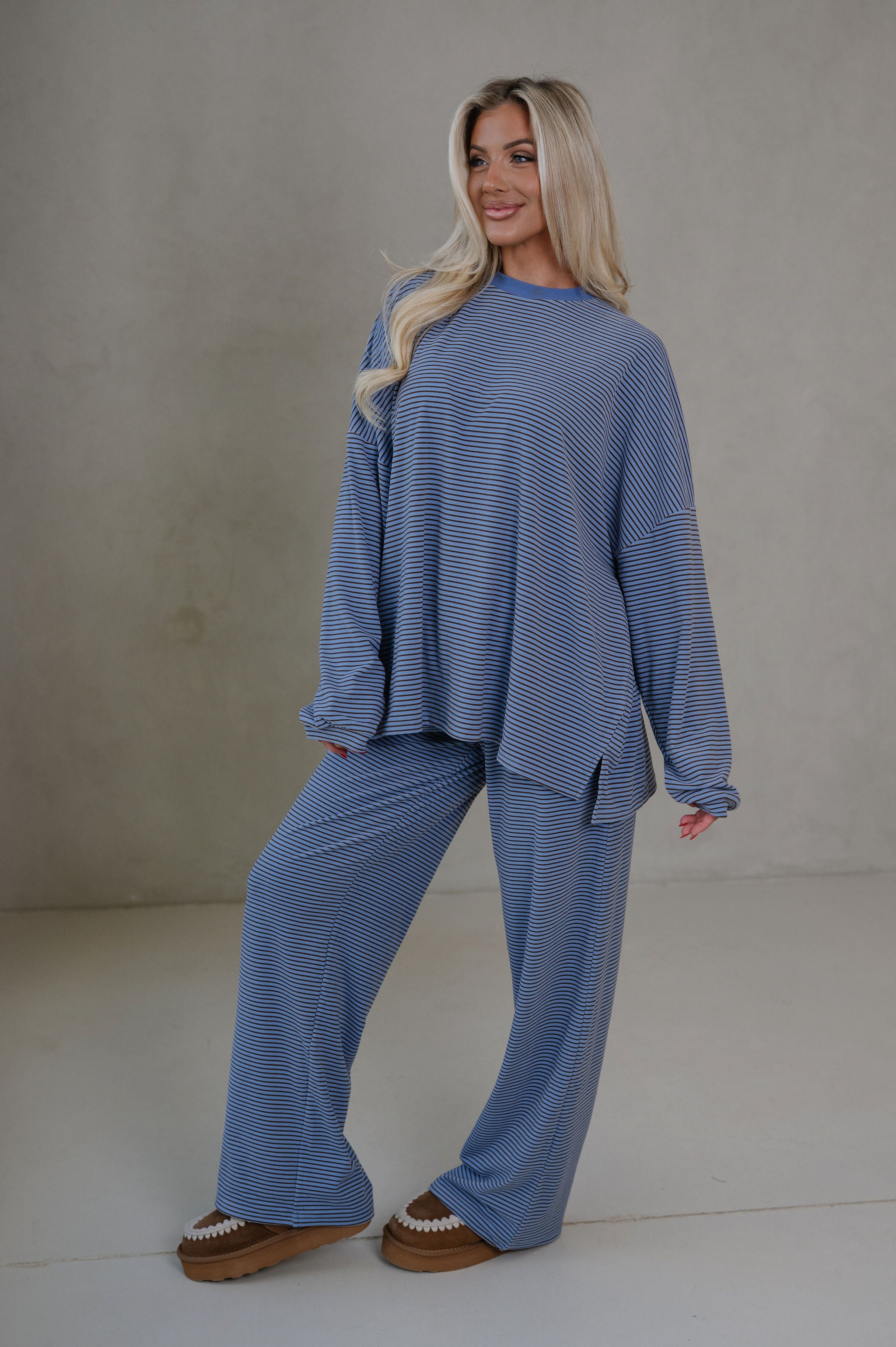 Nora Striped Fleece Oversized Top-Blue