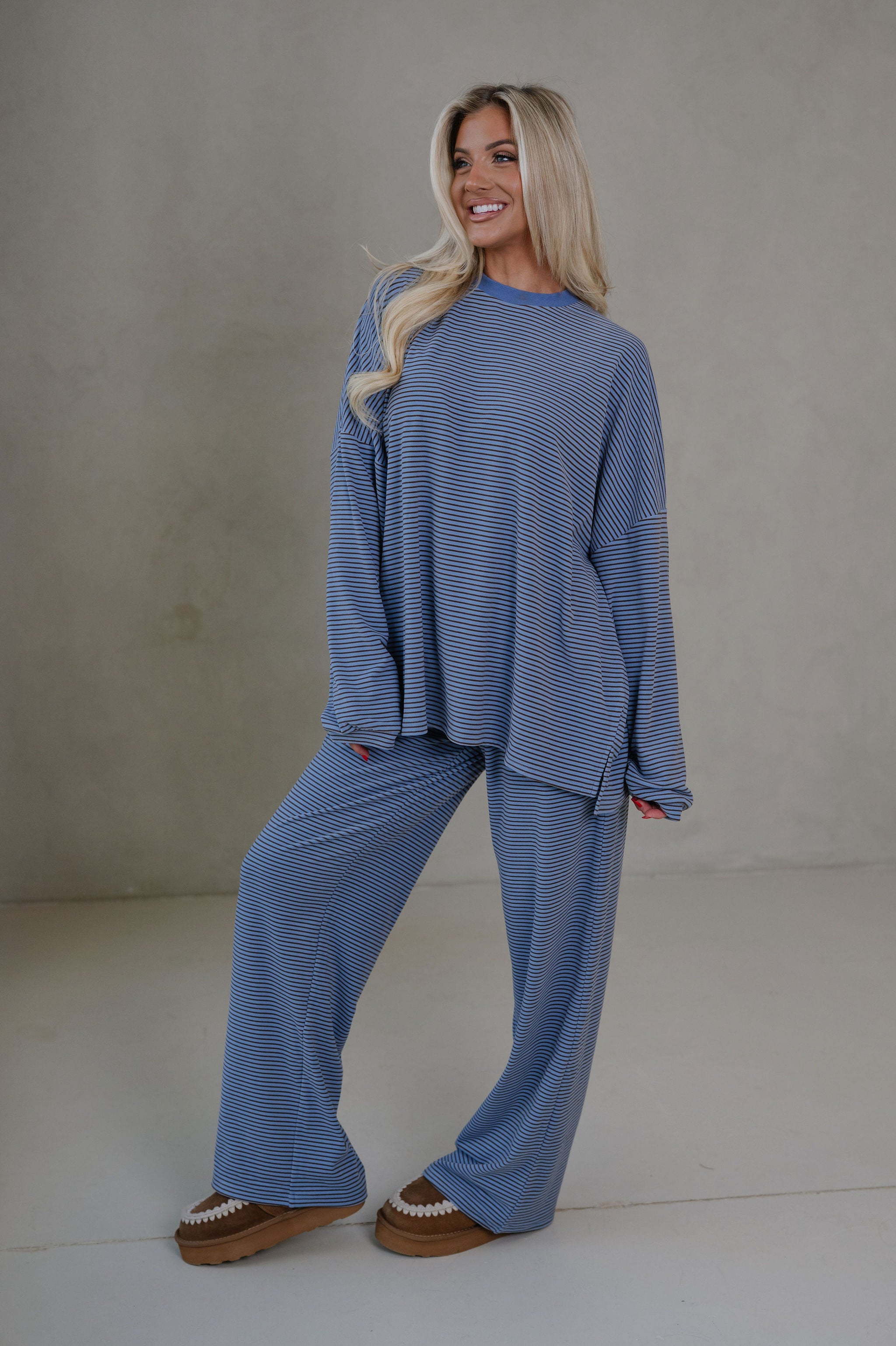 Nora Striped Fleece Oversized Top-Blue