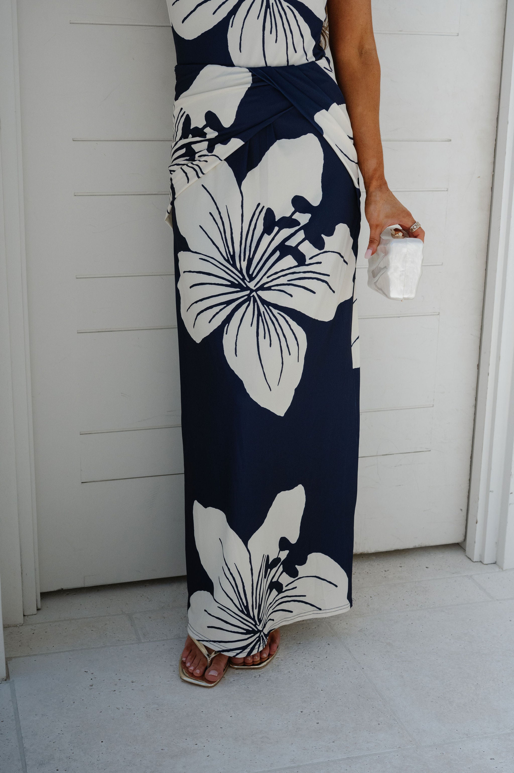 Floral Ruched Maxi Skirt-Navy/White
