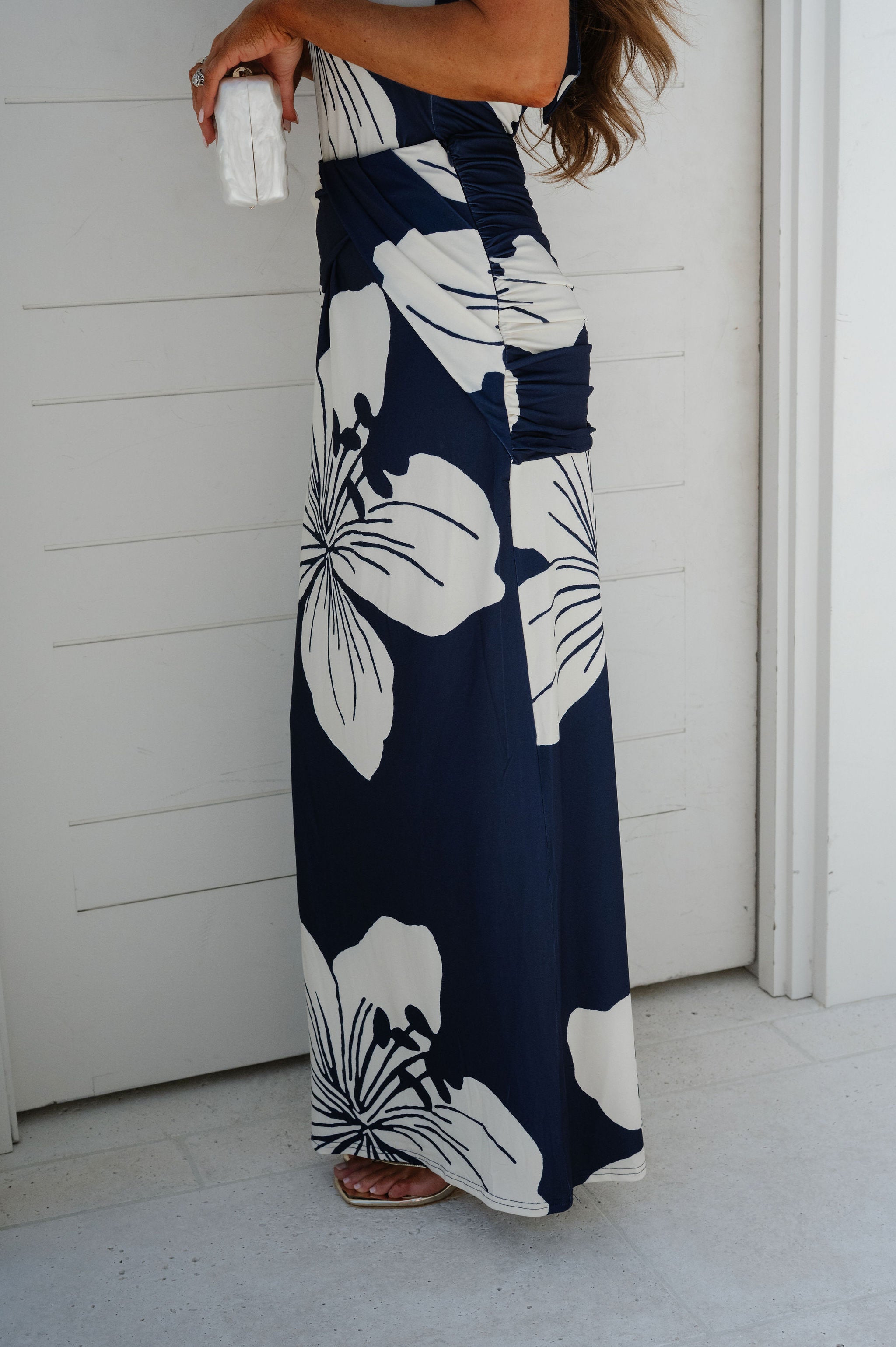 Floral Ruched Maxi Skirt-Navy/White