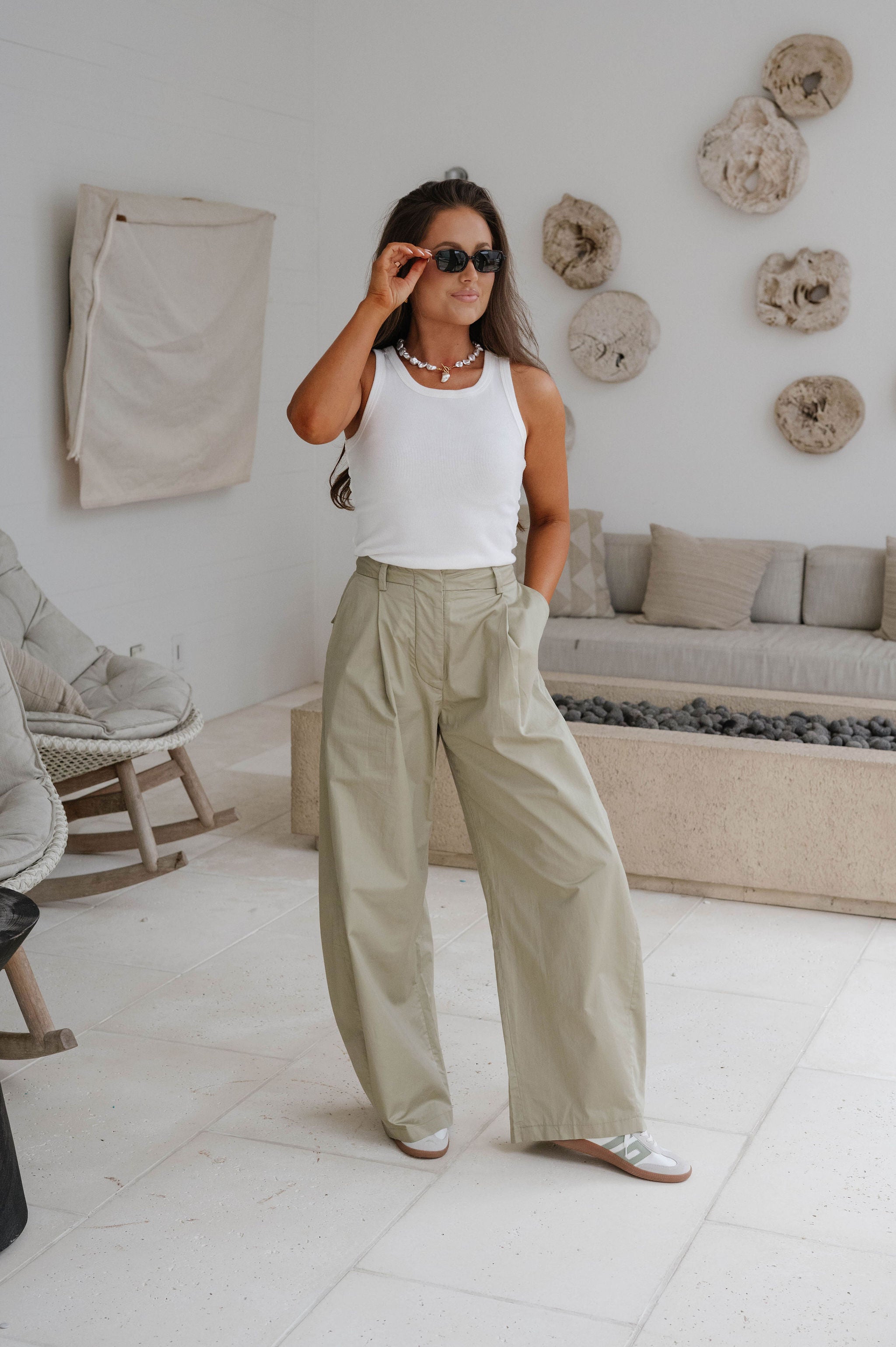 High-Rise Pintuck Wide Leg Pants-Light Olive