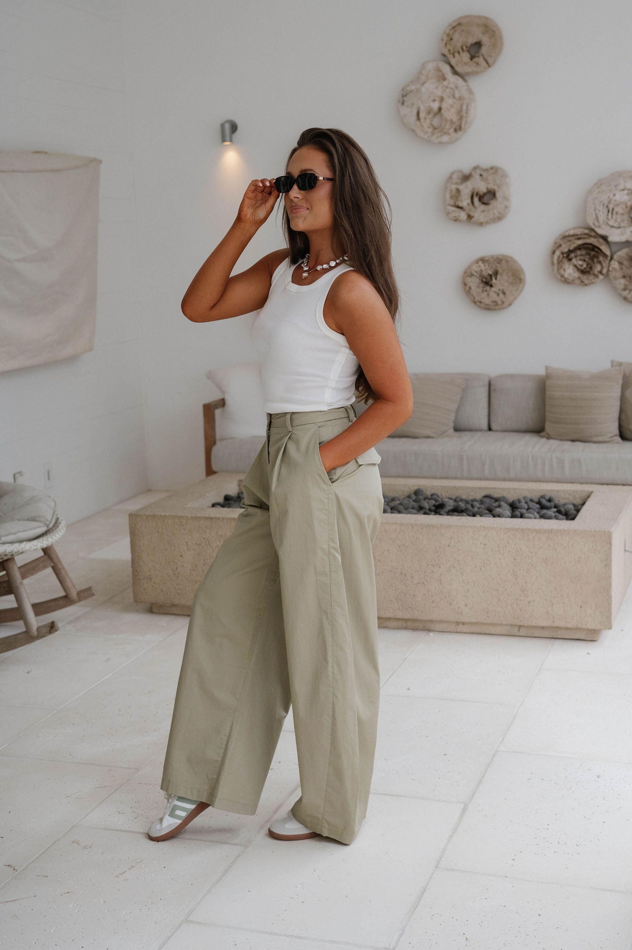 High-Rise Pintuck Wide Leg Pants-Light Olive