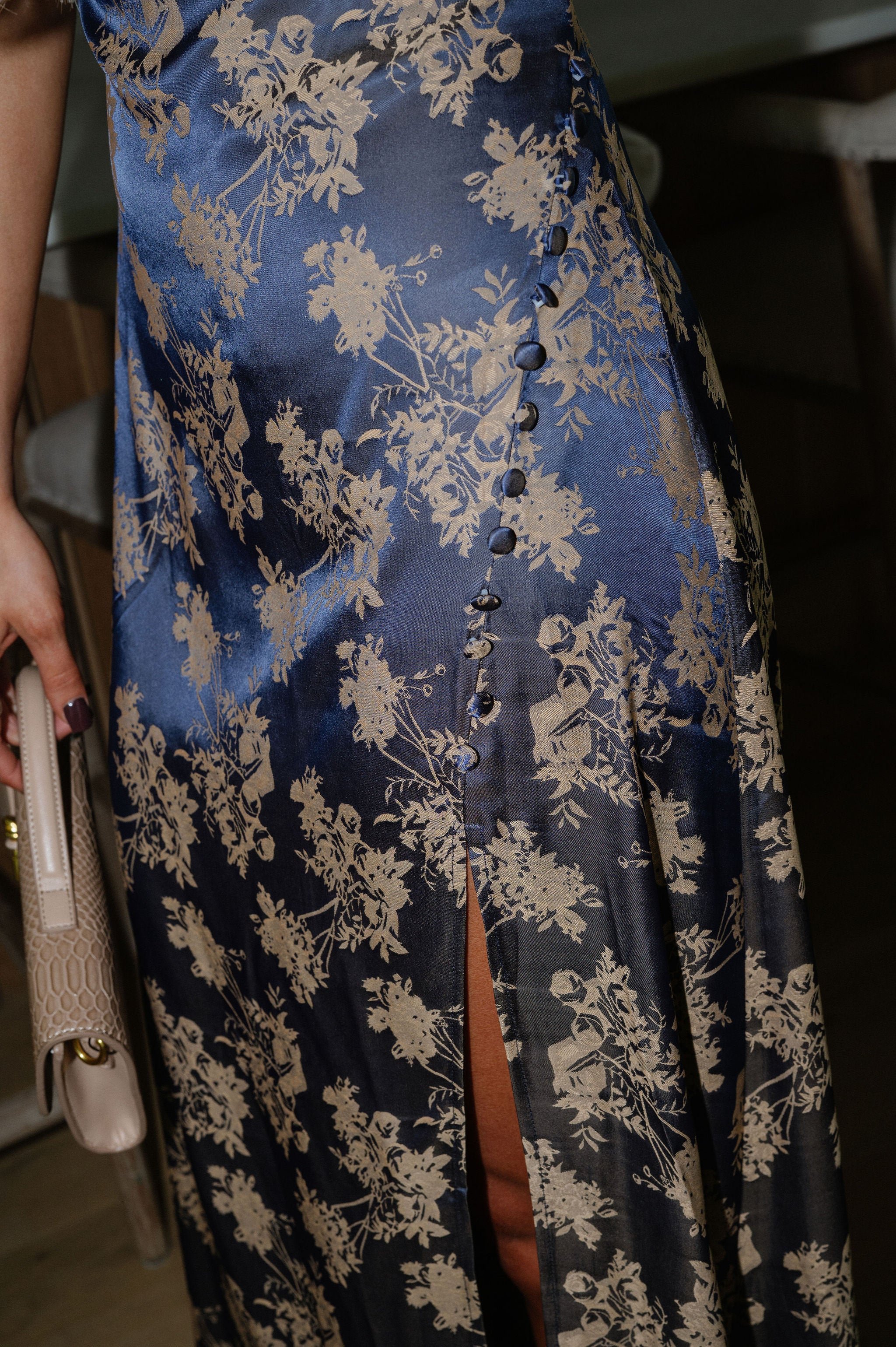 Floral Backless Halter Dress-Navy
