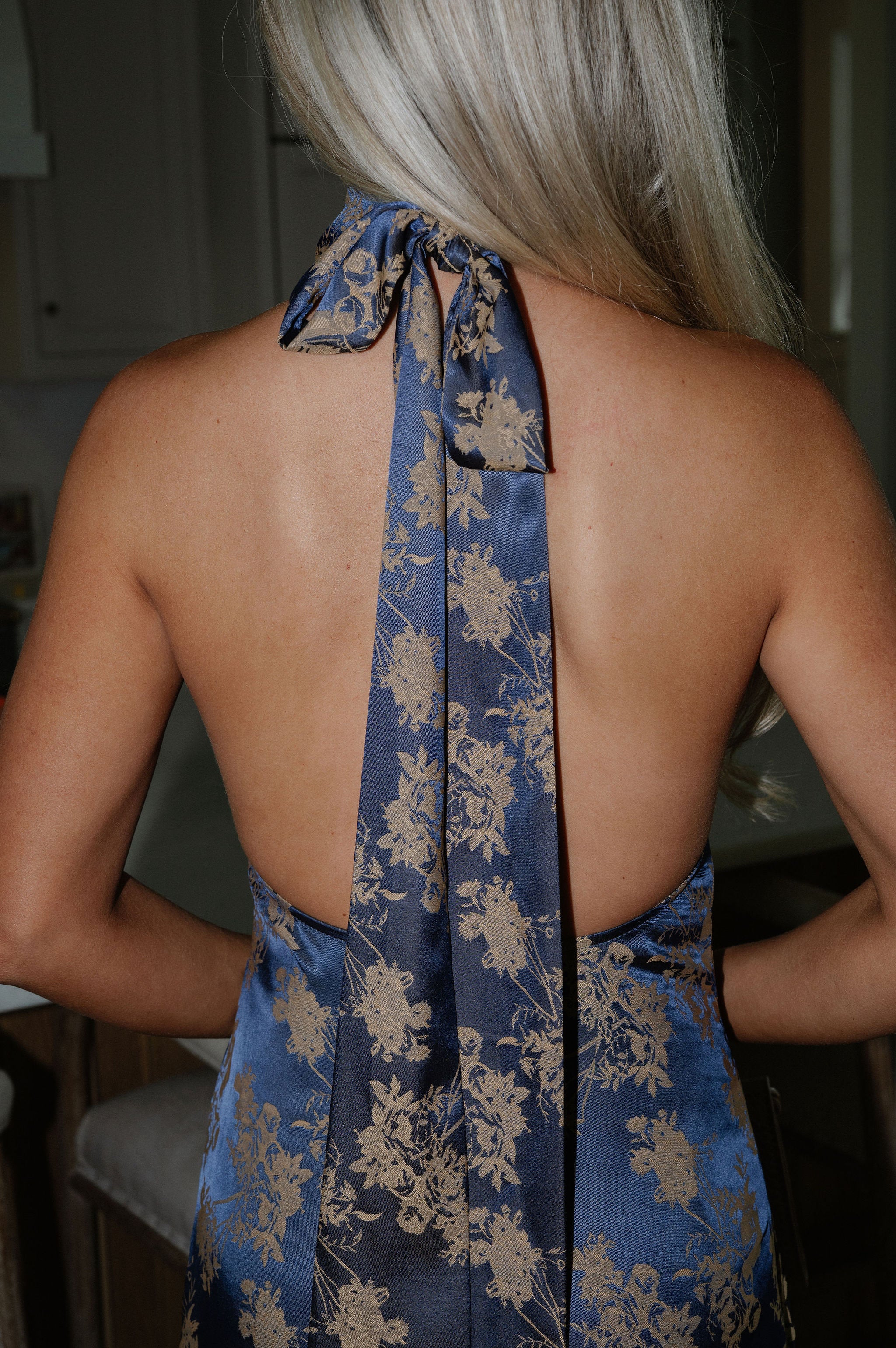 Floral Backless Halter Dress-Navy