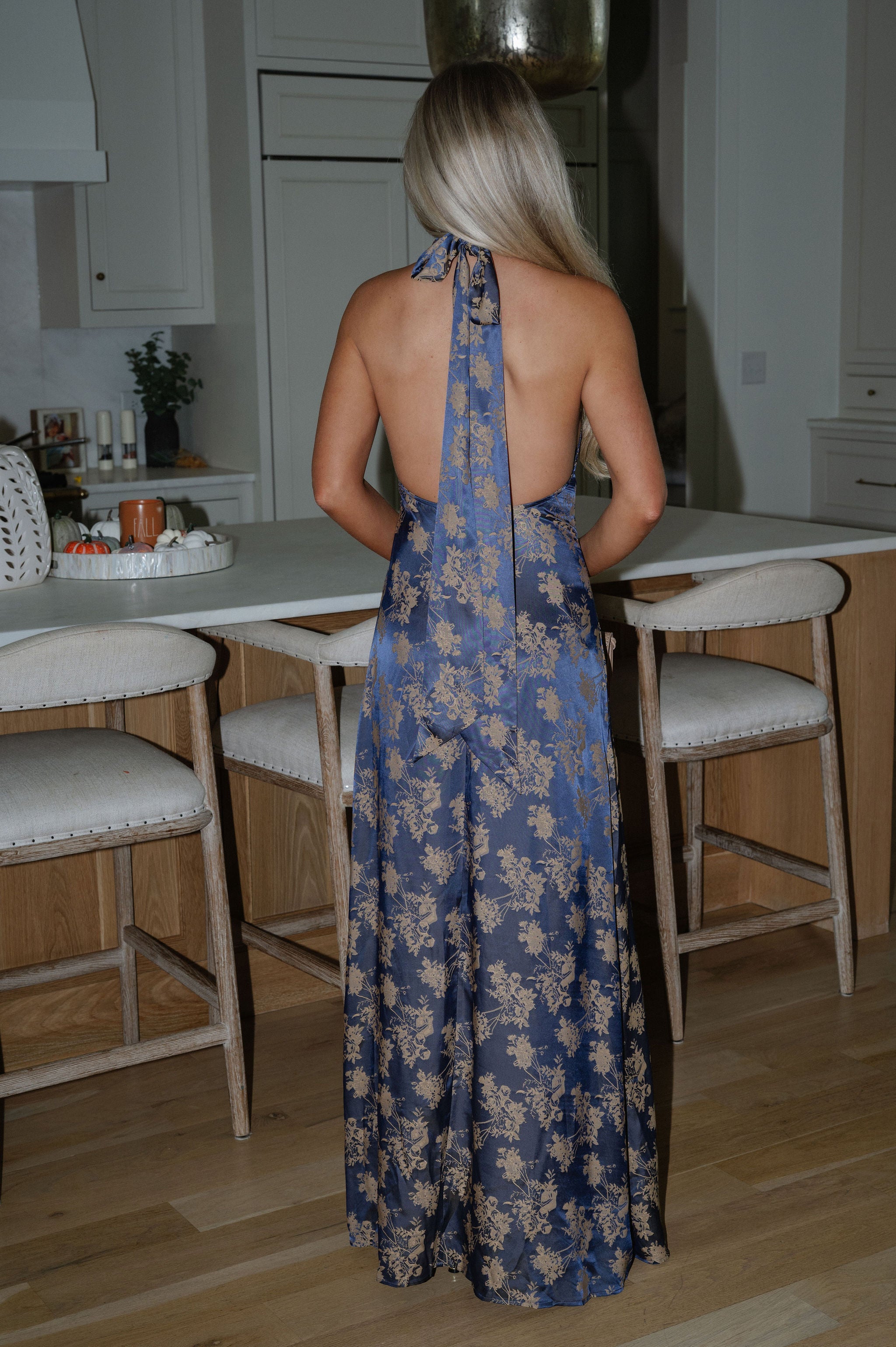 Floral Backless Halter Dress-Navy