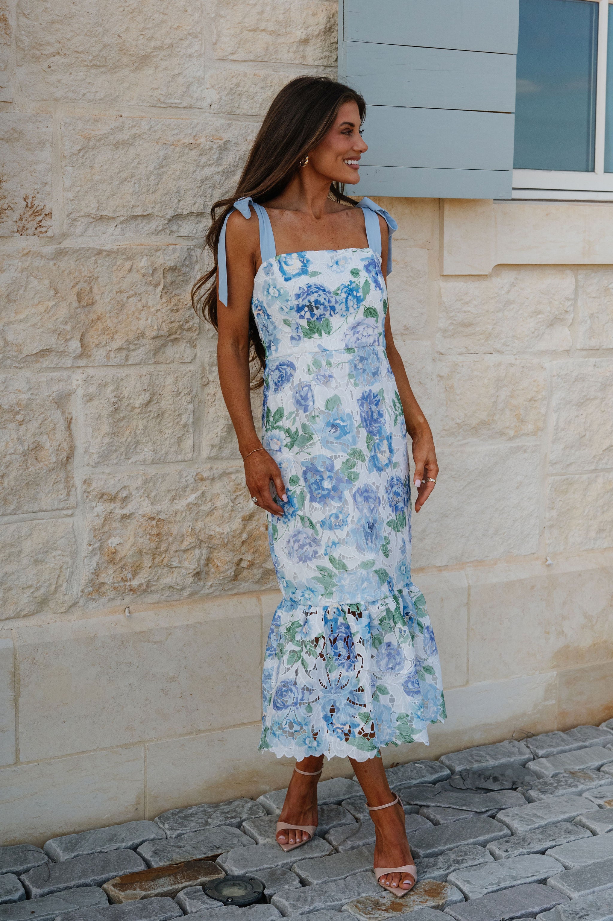 Floral Printed Midi Dress-Blue