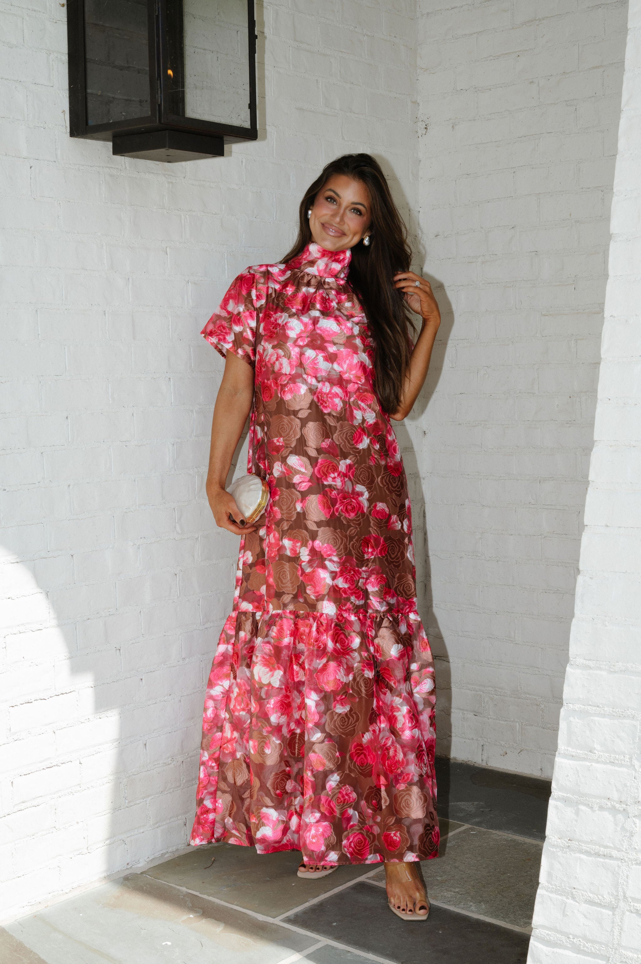 Mersin Floral Organza Maxi Dress-Brown Multi
