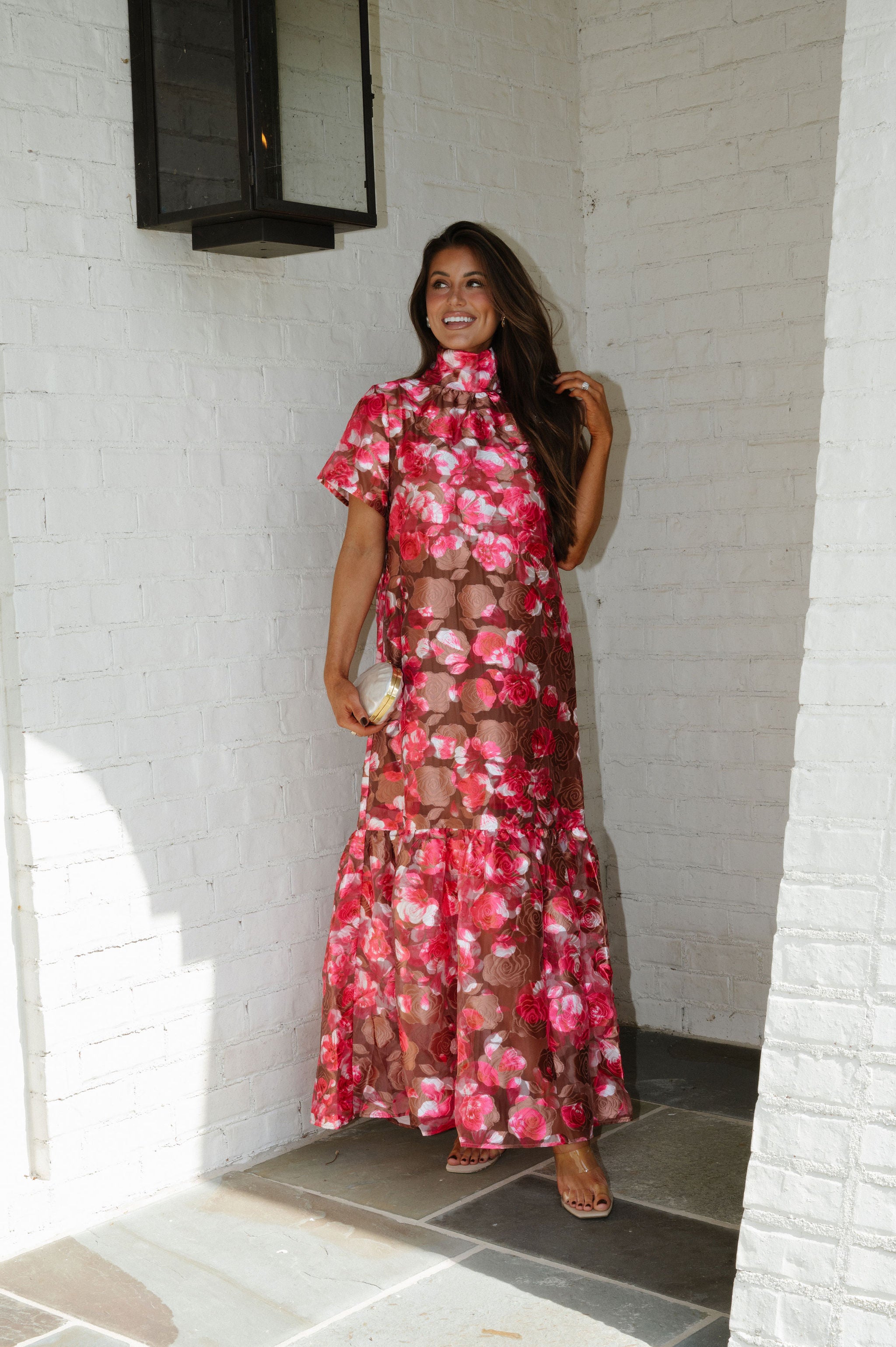 Mersin Floral Organza Maxi Dress-Brown Multi