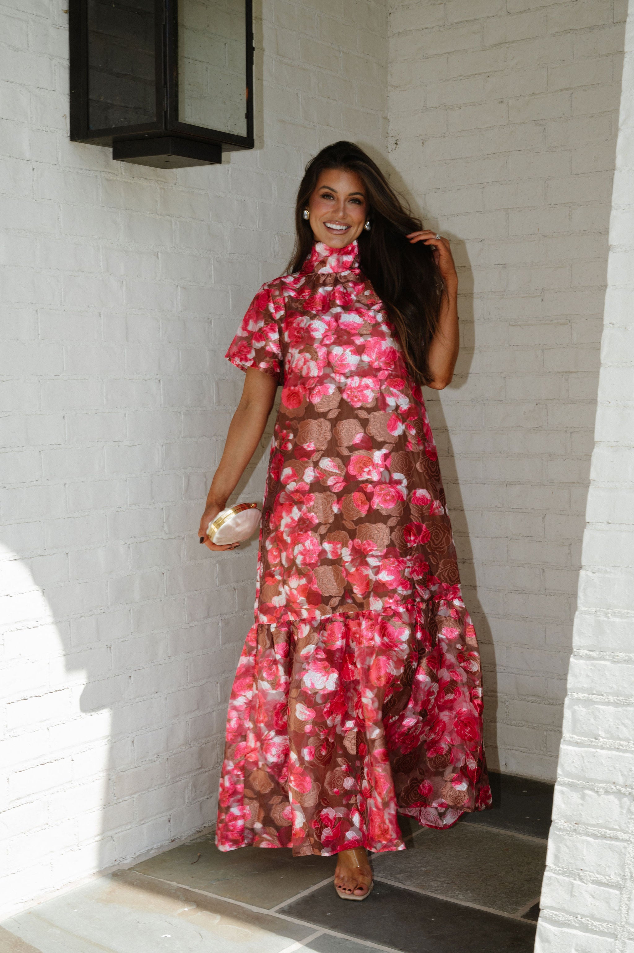 Mersin Floral Organza Maxi Dress-Brown Multi