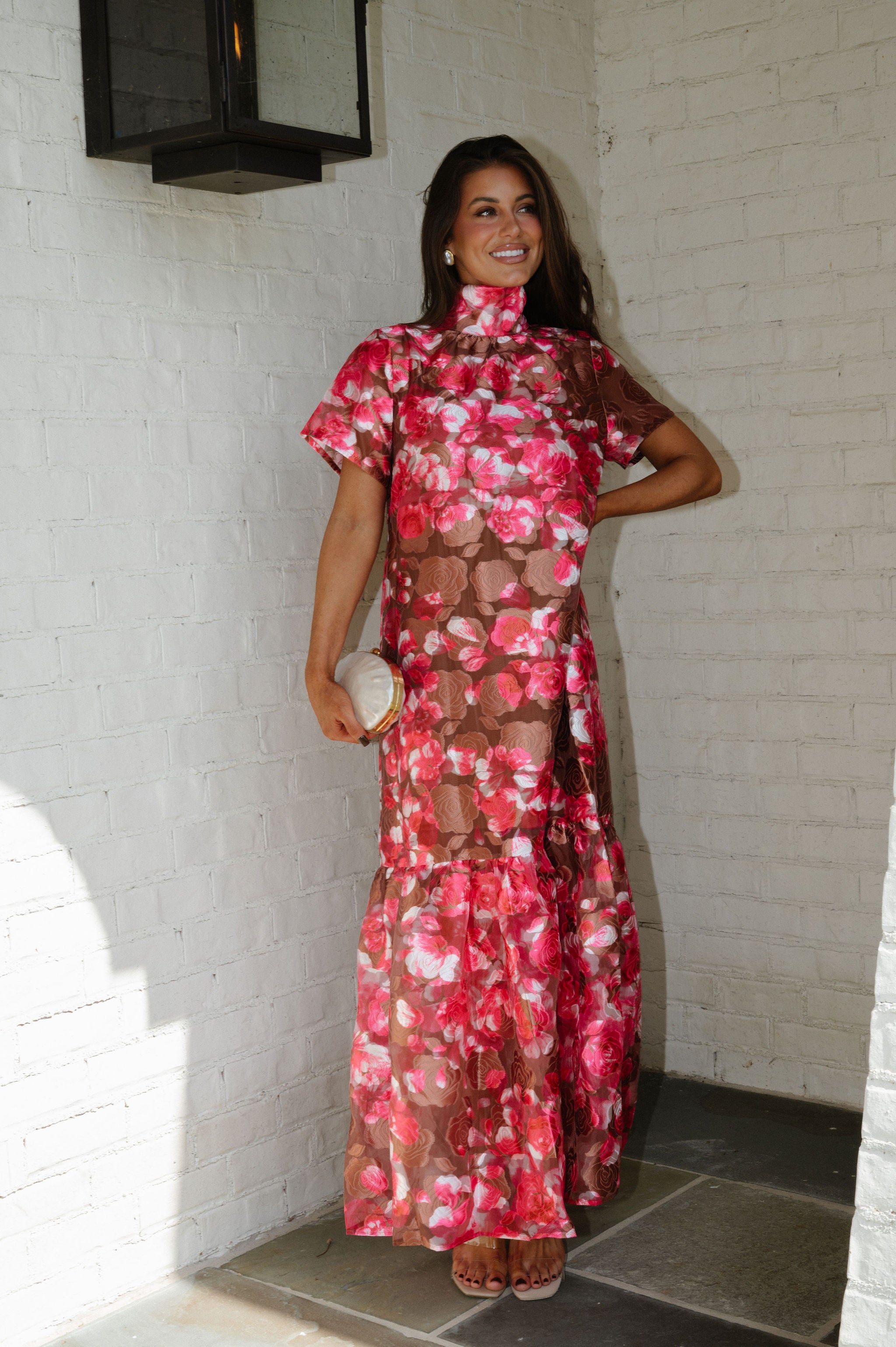 Mersin Floral Organza Maxi Dress-Brown Multi