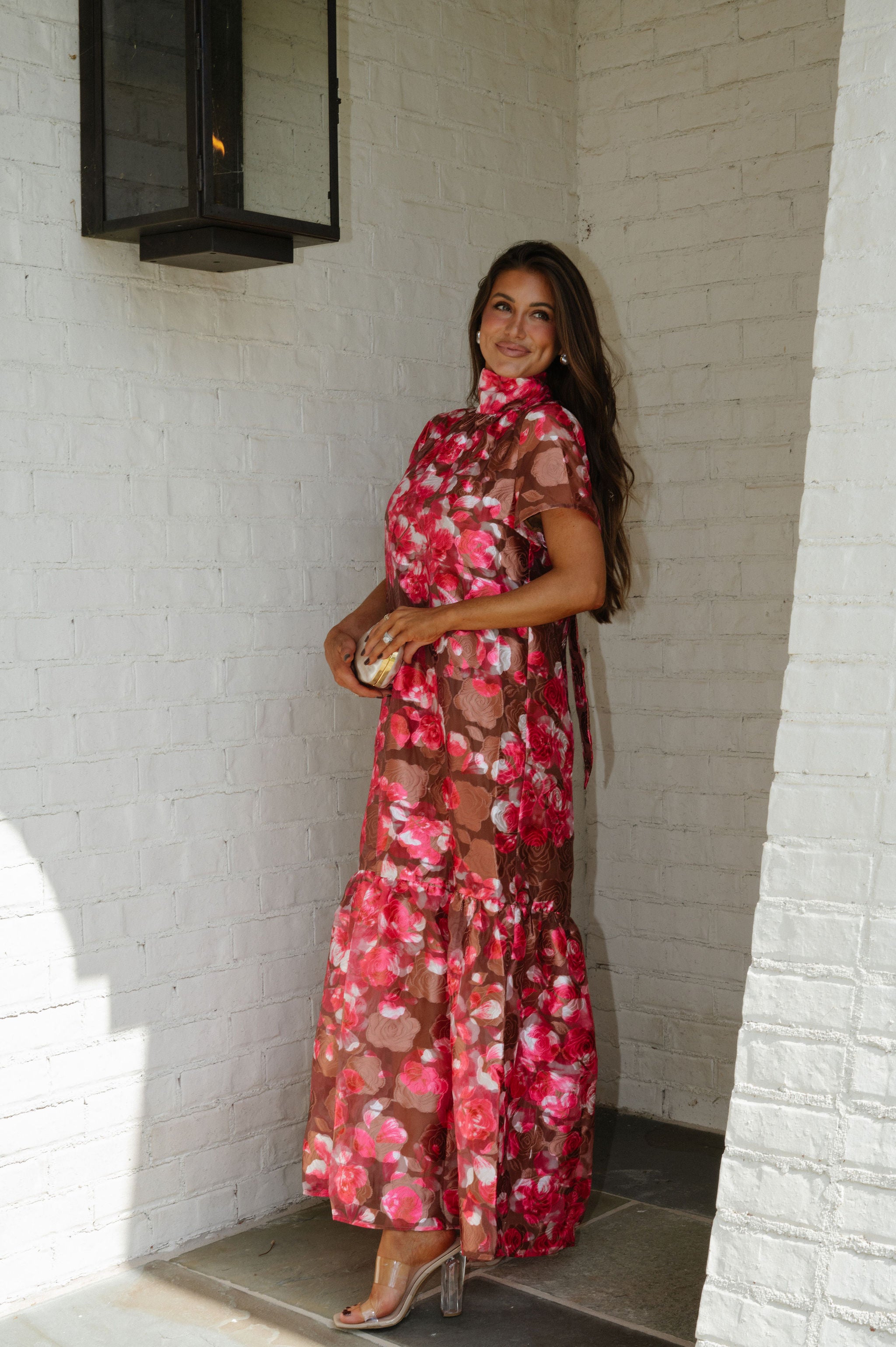 Mersin Floral Organza Maxi Dress-Brown Multi