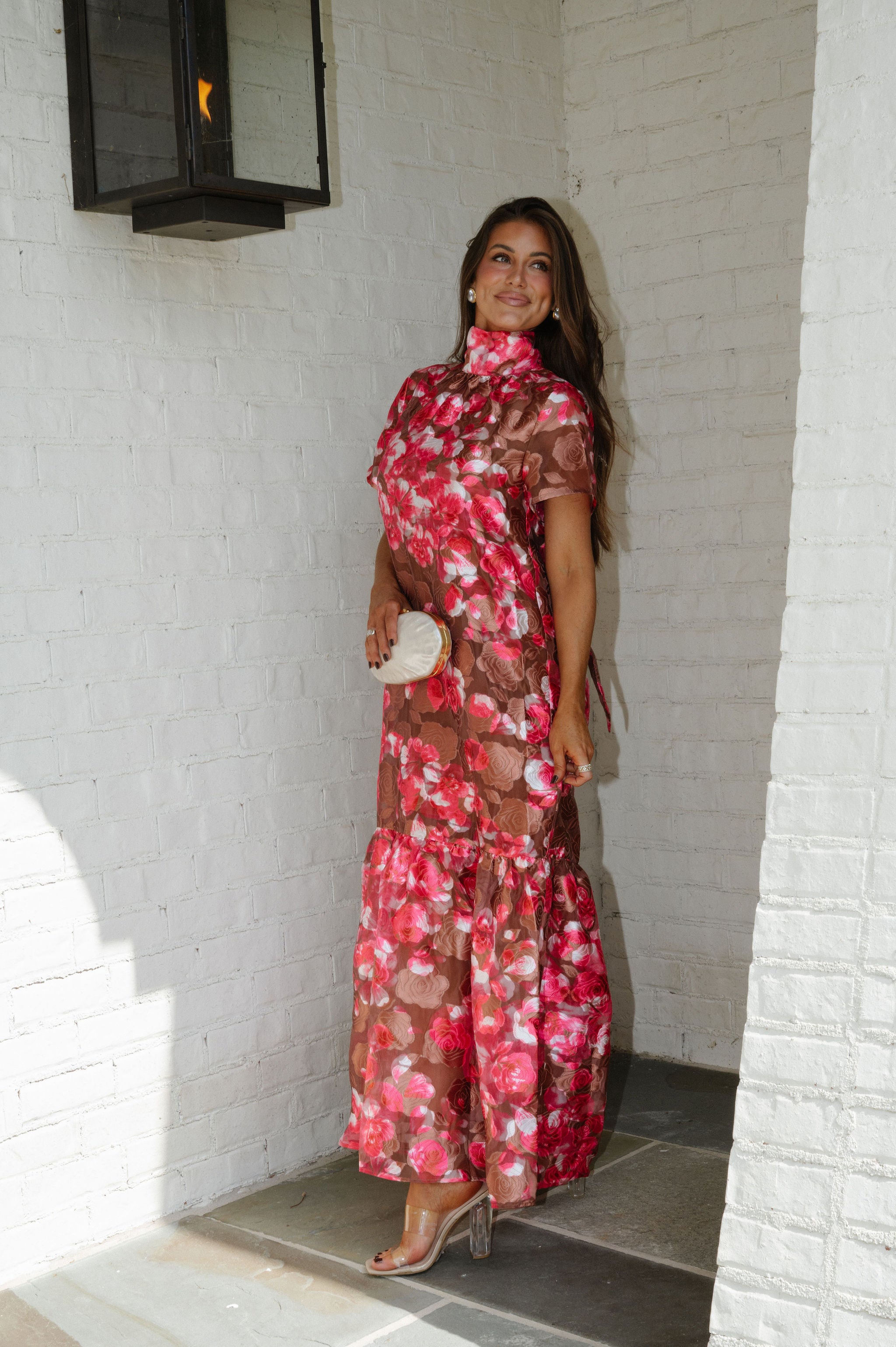 Mersin Floral Organza Maxi Dress-Brown Multi