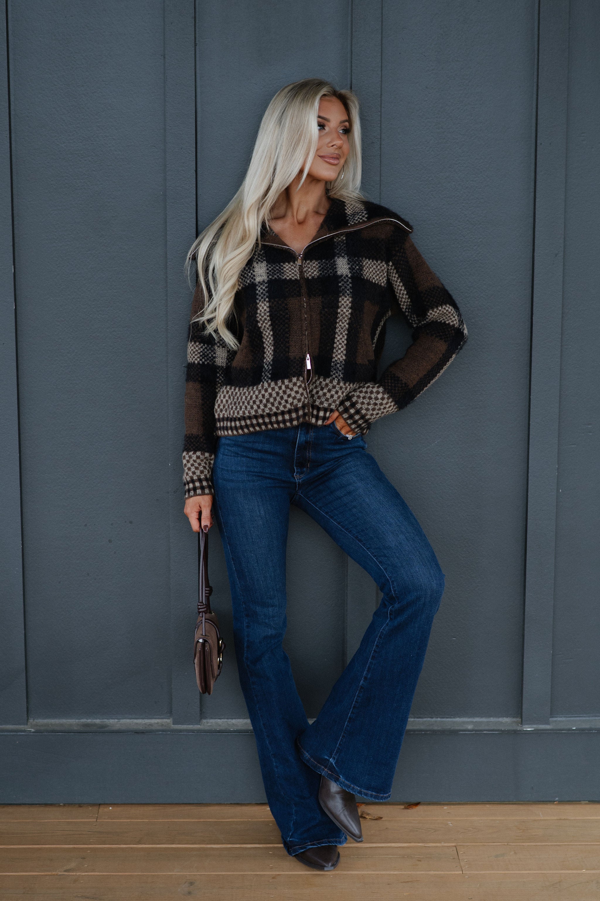 Plaid Knit Jacket-Brown